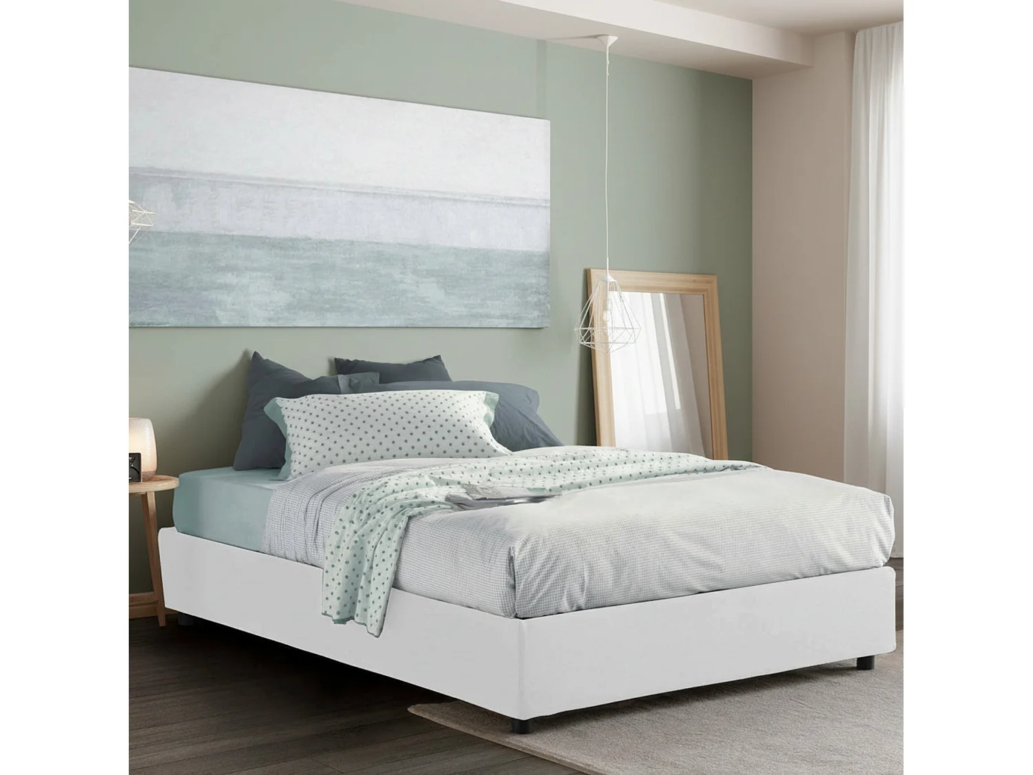 Lit double Azzurra, Lit coffre avec revêtement en tissu, 100% Made in Italy, Ouverture frontale, adapté pour matelas 140x190 cm, Blanc