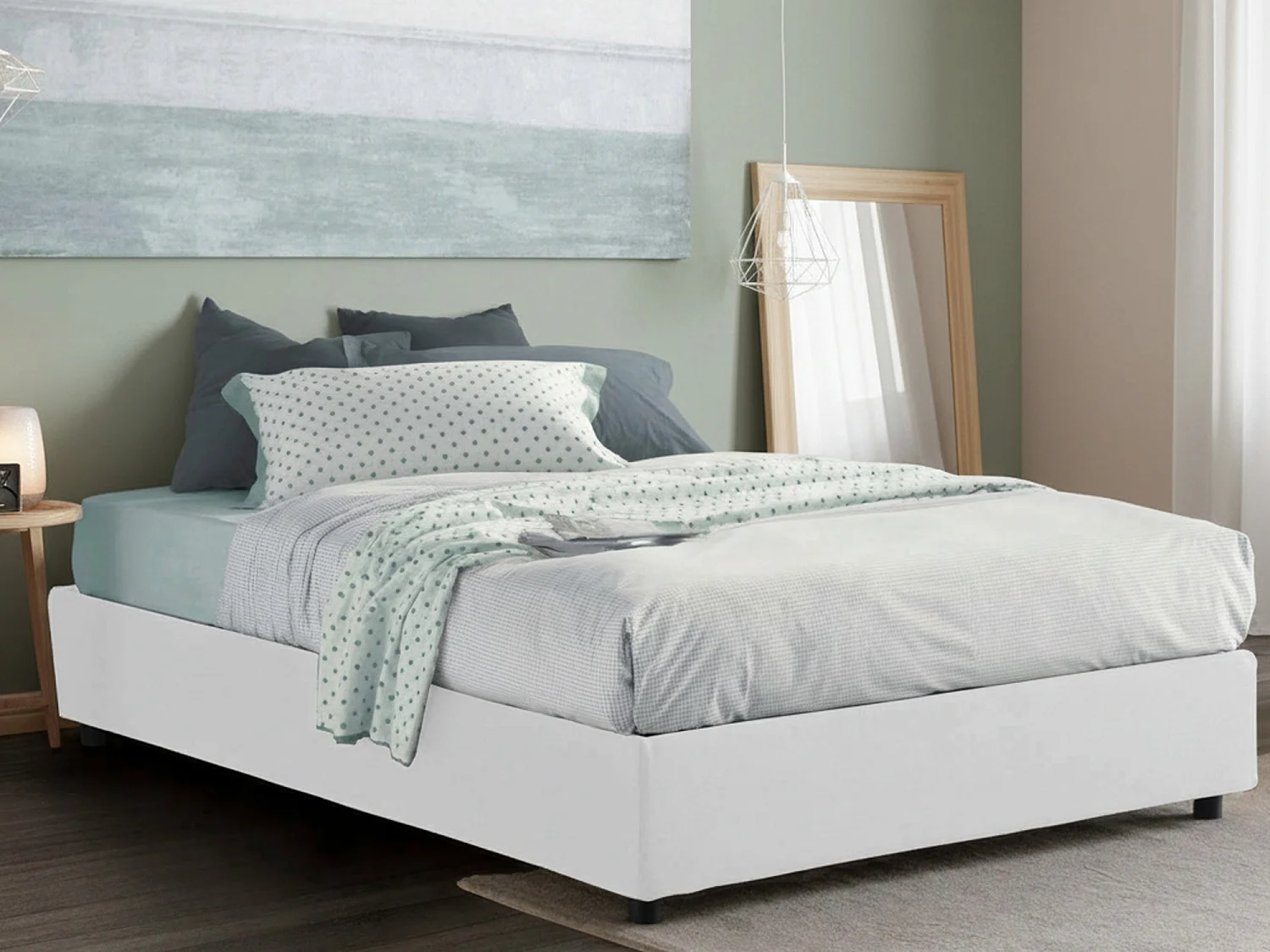 Talamo Italia Frans Bed Blauw/Wit Afneembare Bekleding Opslag, Matrasmaat 140x190 cm Made in Italy