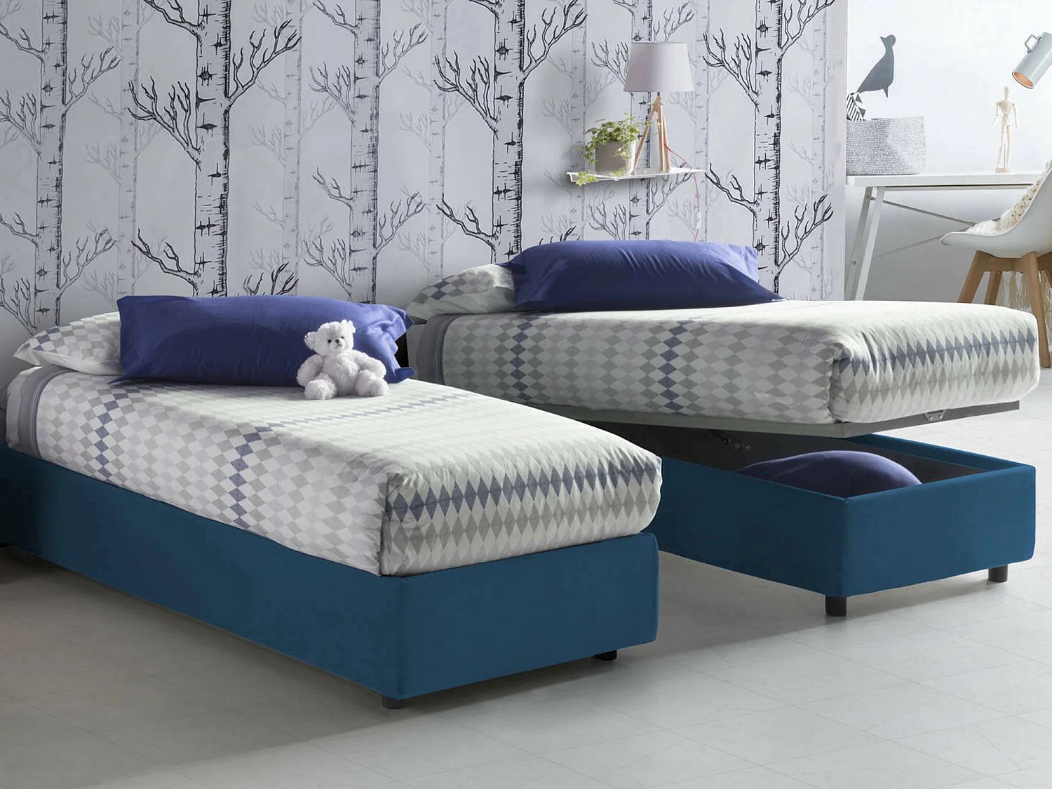 Letto singolo Valentina, Letto contenitore con rivestimento in tessuto, 100% Made in Italy, Apertura frontale, con materasso Cm 90x200 incluso, Blu