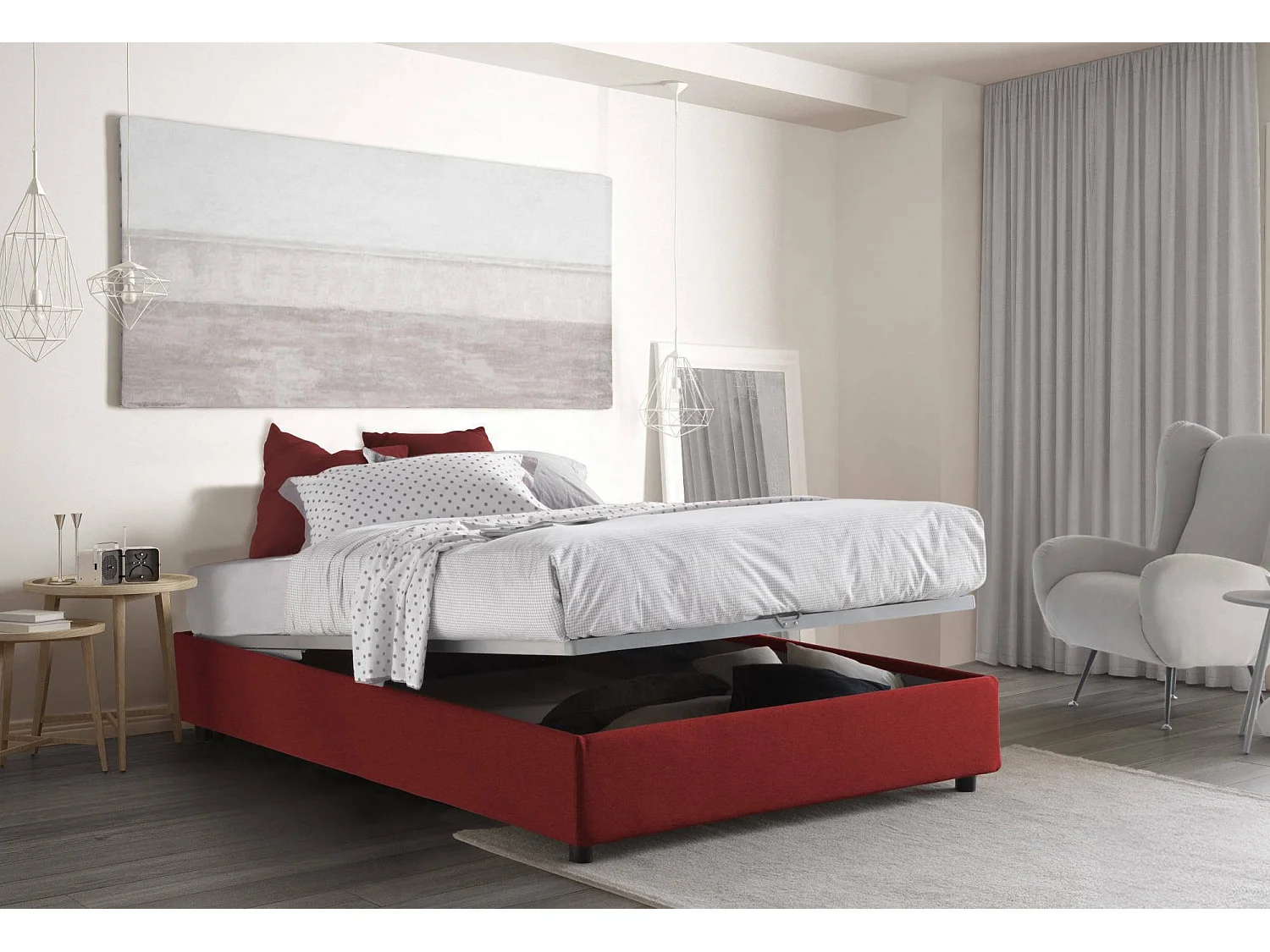 Lit double Arianna, Lit coffre avec revêtement en tissu, 100% Made in Italy, Ouverture frontale, adapté pour matelas 120x200 cm, Rouge