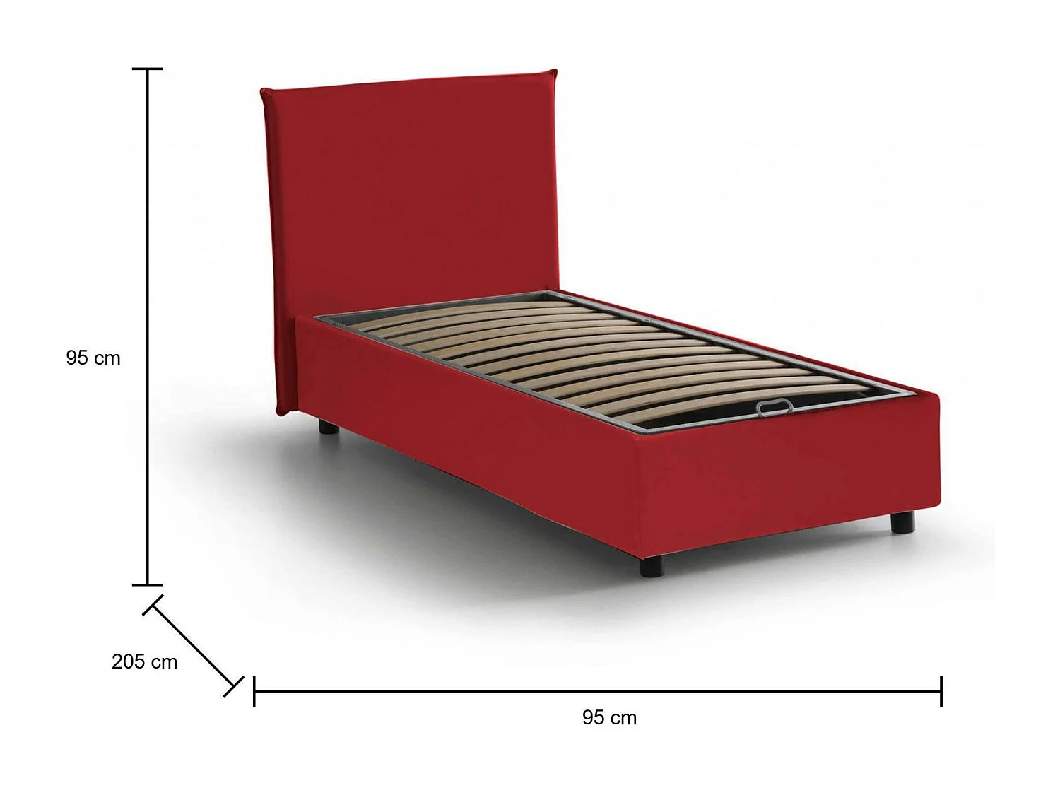 Cama individual Bruna, Cama contenedor con revestimiento de tela, 100% Made in Italy, Apertura frontal, Apto para colchón de 80x190 cm, Rojo