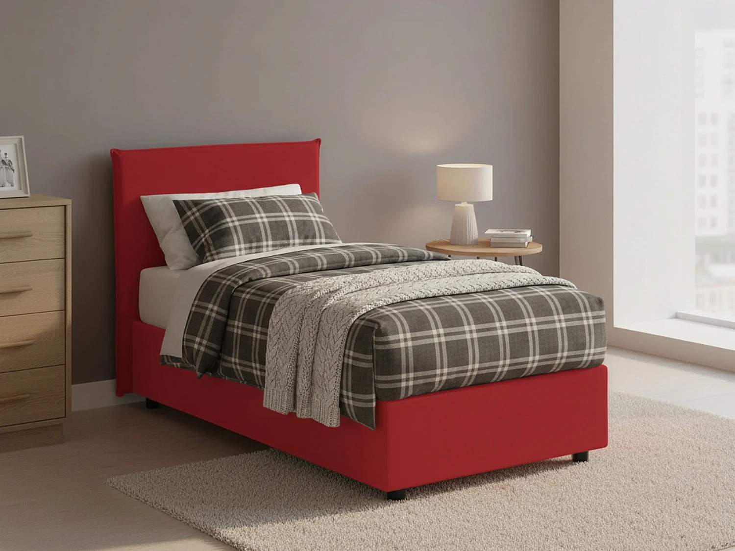 Letto singolo Bruna, Letto contenitore con rivestimento in tessuto, 100% Made in Italy, Apertura frontale, adatto per materasso Cm 80x190, Rosso
