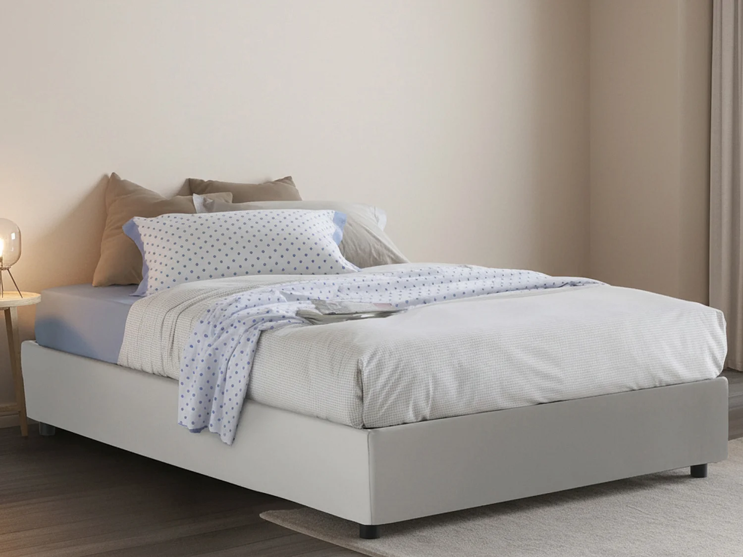 Letto piazza e mezza Bianca, Letto contenitore con rivestimento in ecopelle, 100% Made in Italy, Apertura laterale, adatto per materasso Cm 120x190, Bianco