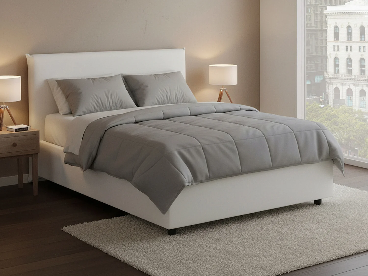 Lit double Ascenza, Lit coffre avec revêtement en éco-cuir, 100% Made in Italy, Ouverture frontale, avec matelas 120x190 cm inclus, Blanc