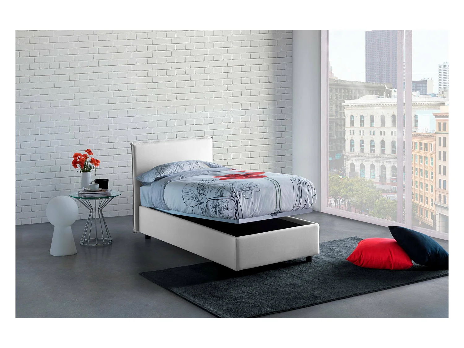 Einzelbett Claire, Bettkasten mit Stoffbezug, 100 % Made in Italy, Öffnung vorne, inklusive Matratze 90 x 200 cm, Weiß
