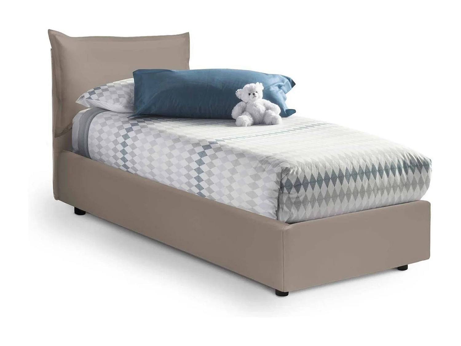 Letto singolo Livia, Letto contenitore con rivestimento in ecopelle, 100% Made in Italy, Apertura laterale, adatto per materasso Cm 80x190, Tortora
