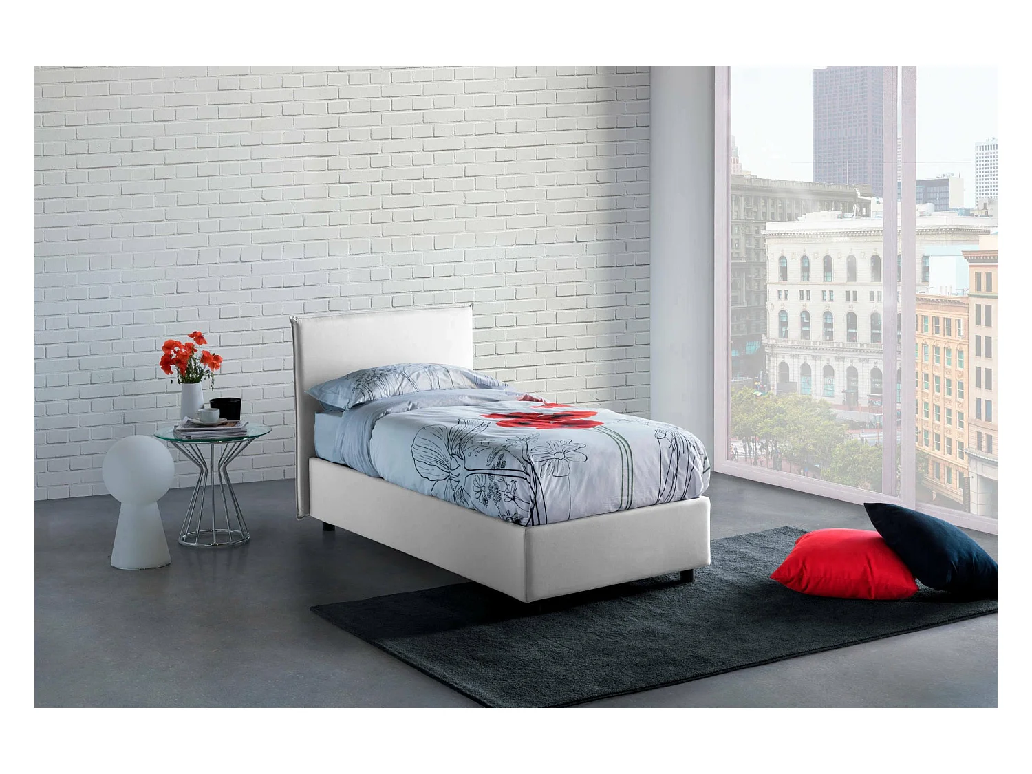 Lit simple Catia, Lit coffre avec revêtement en tissu, 100% Made in Italy, Ouverture frontale, avec matelas 80x200 cm inclus, Blanc