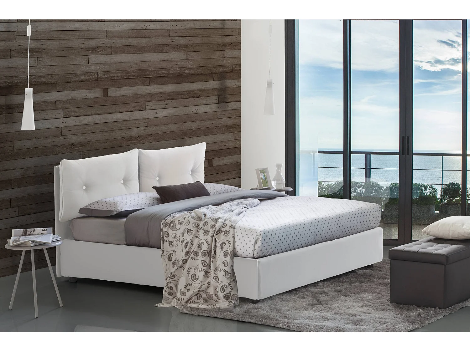 Lit double Emily, Lit coffre avec revêtement en éco-cuir, 100% Made in Italy, Ouverture frontale, avec matelas 120x190 cm inclus, Blanc