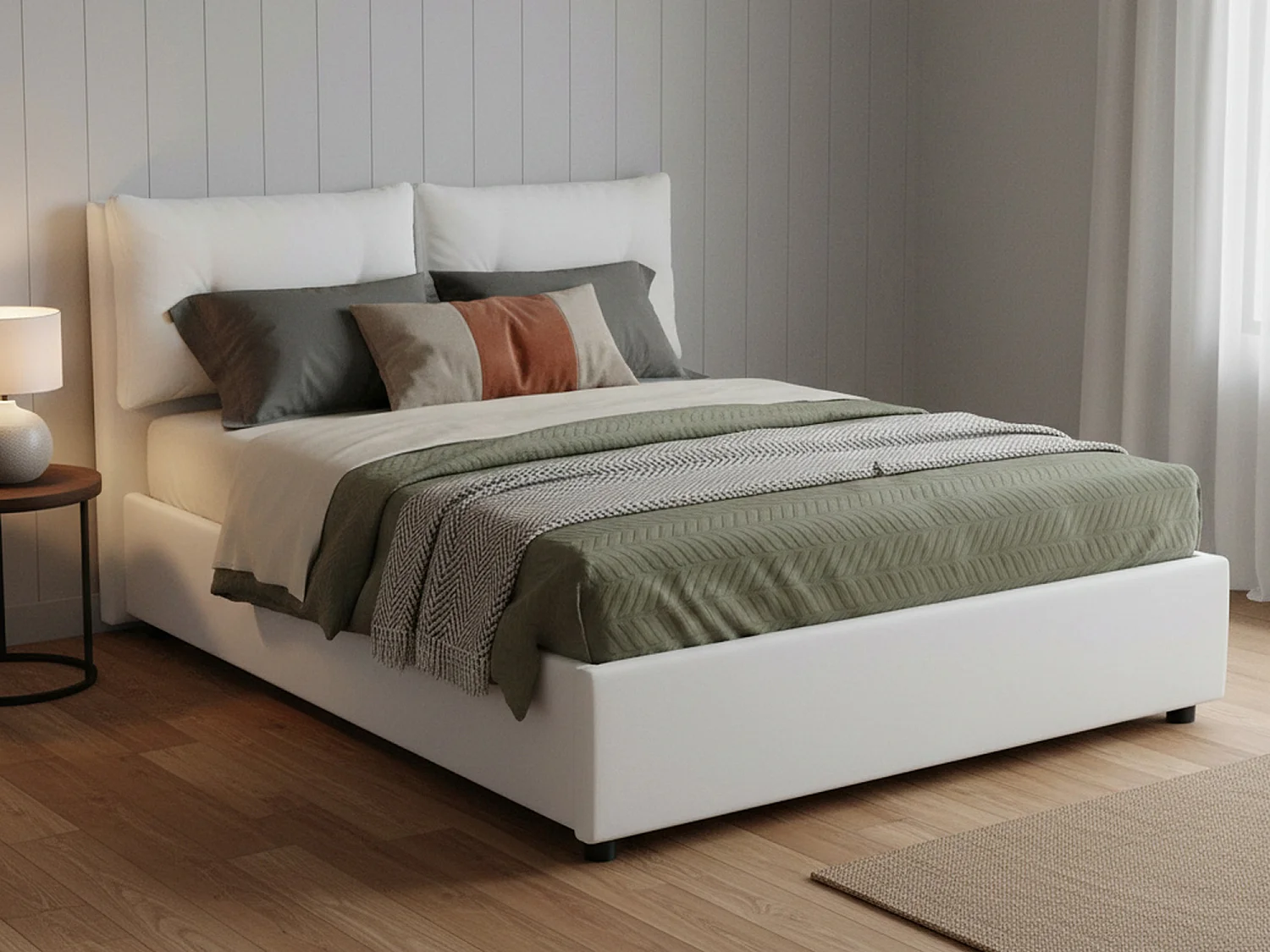 Lit double Emily, Lit coffre avec revêtement en éco-cuir, 100% Made in Italy, Ouverture frontale, avec matelas 120x190 cm inclus, Blanc