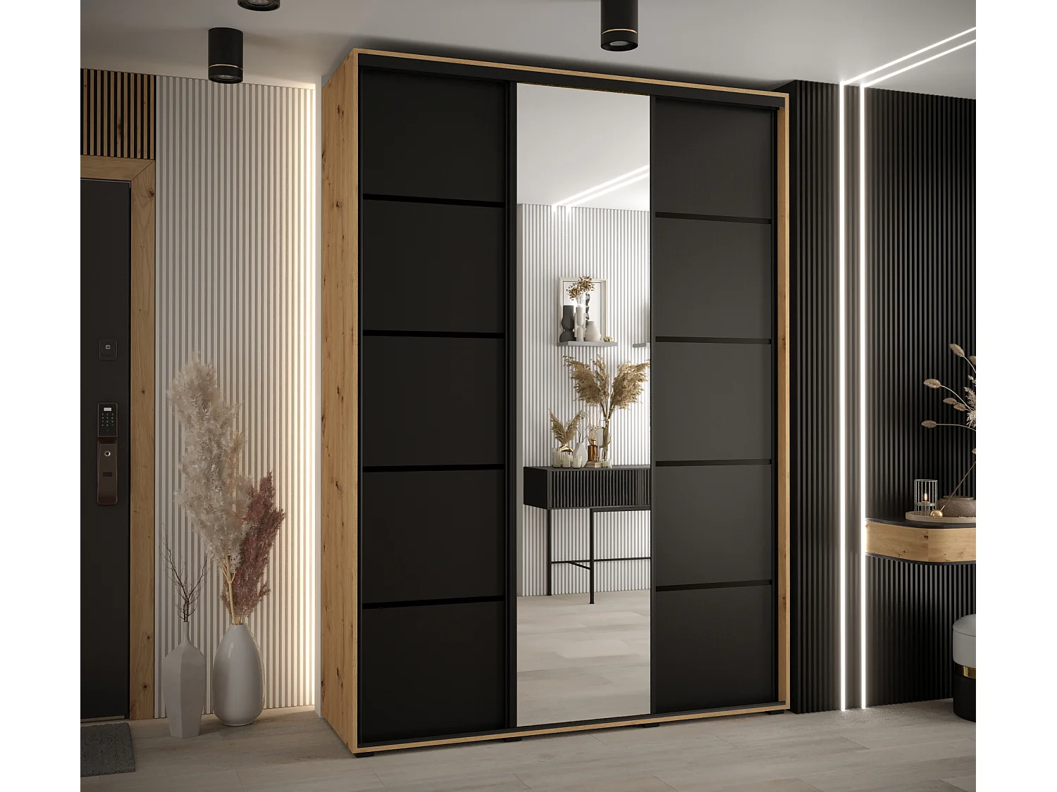 ARMOIRE DAVOS 5 À PORTES COULISSANTES 235,2/180/60 3 portes (Artisan/Noir/Noir)