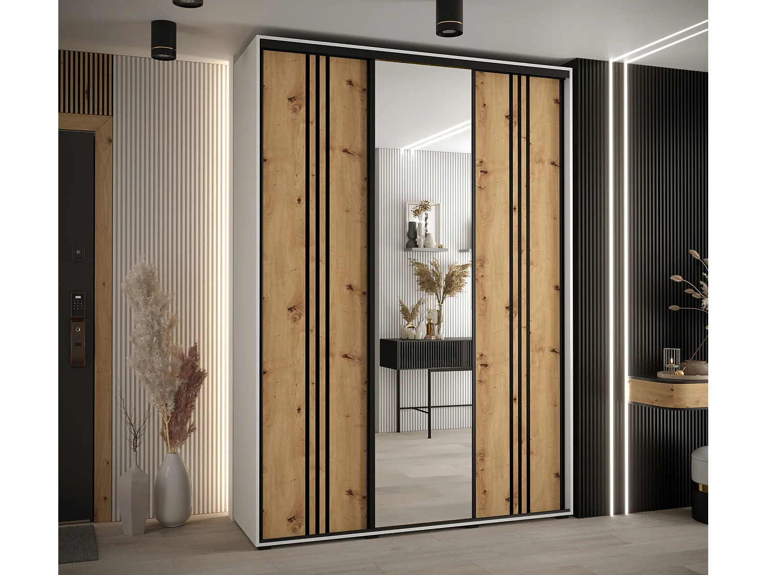 ARMOIRE DAVOS 7 À PORTES COULISSANTES 235,2/180/60 3 portes (Blanc/Artisan/Noir)