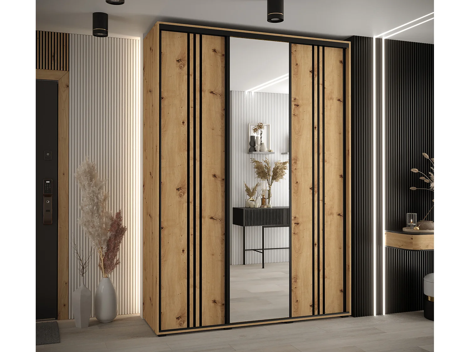 ARMOIRE DAVOS 7 À PORTES COULISSANTES 235,2/180/60 3 portes (Artisan/Artisan/Noir)