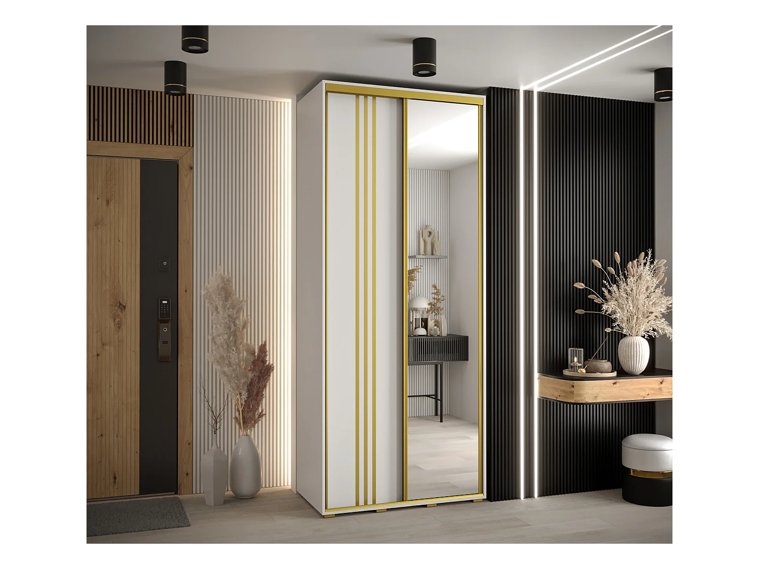ARMADIO DAVOS 7 AD ANTE SCORREVOLI 235,2/110/45 2 porte (Bianco/Bianco/Oro)
