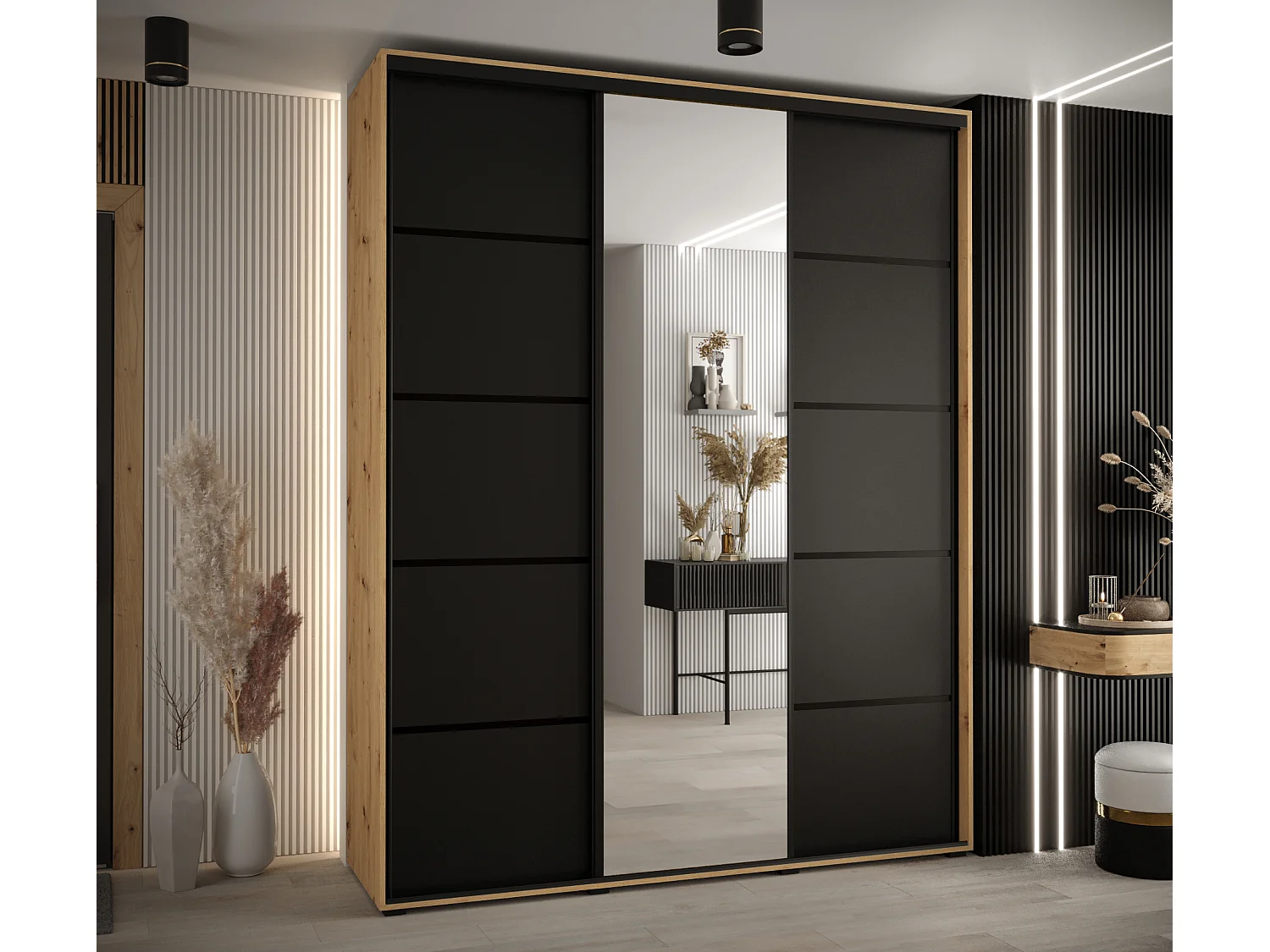 ARMOIRE DAVOS 5 À PORTES COULISSANTES 235,2/200/45 3 portes (Artisan/Noir/Noir)