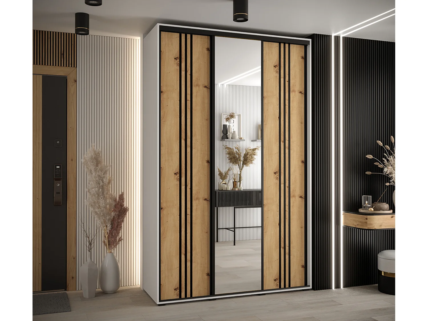 ARMOIRE DAVOS 7 À PORTES COULISSANTES 235,2/160/60 3 portes (Blanc/Artisan/Noir)