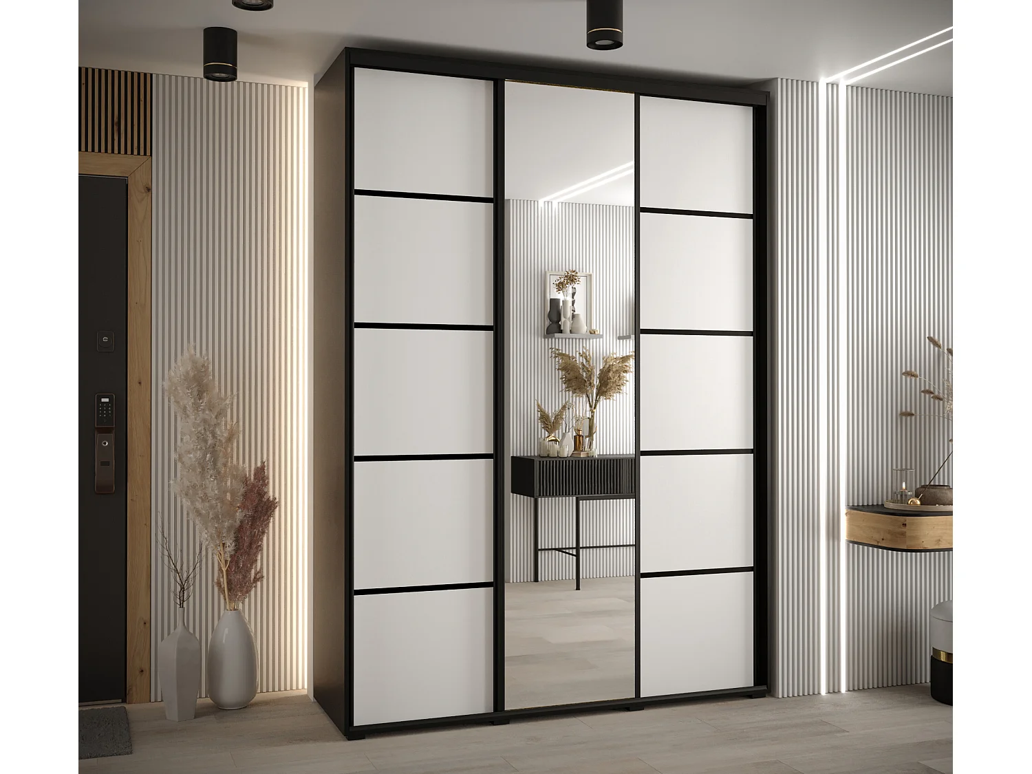 ARMOIRE DAVOS 5 À PORTES COULISSANTES 235,2/180/60 3 portes (Noir/Blanc/Noir)