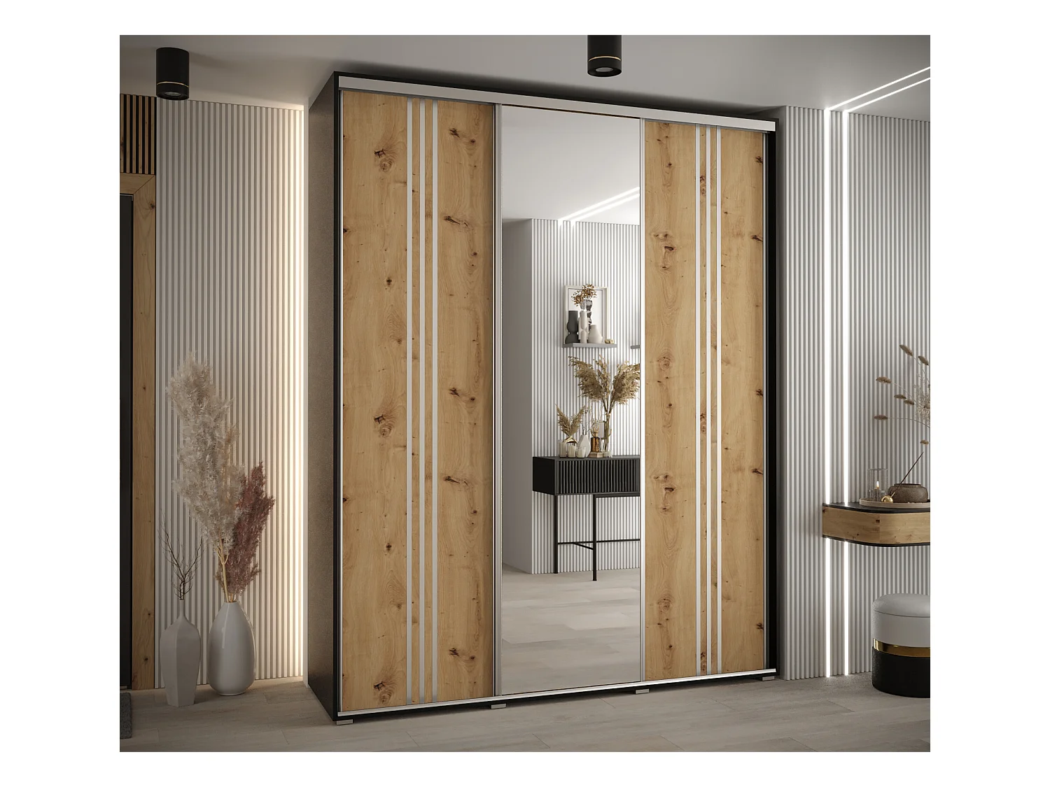 ARMADIO DAVOS 7 AD ANTE SCORREVOLI 235,2/200/45 3 porte (Nero/Artisan/Argento)