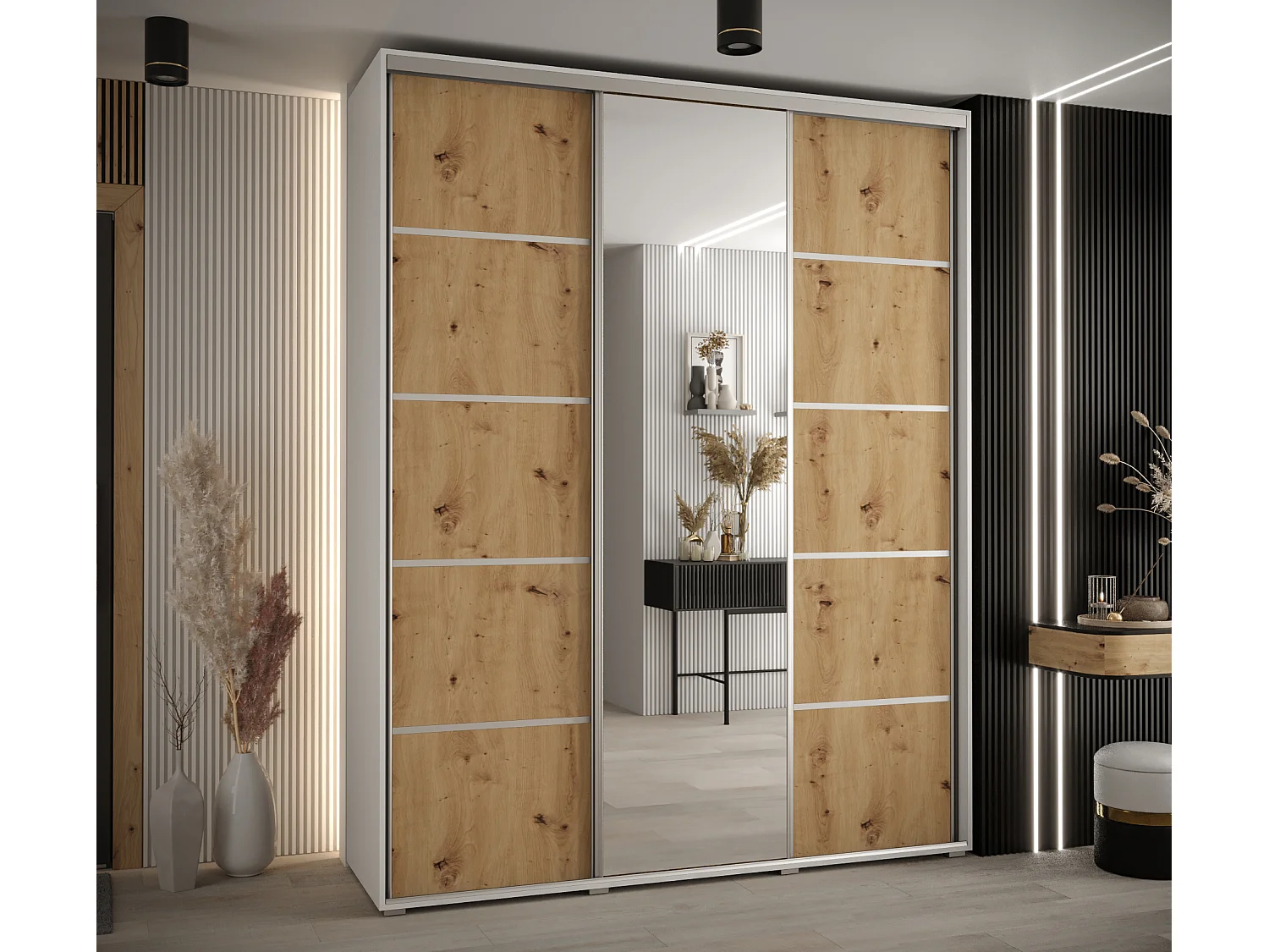 ARMOIRE DAVOS 5 À PORTES COULISSANTES 235,2/190/60 3 portes (Blanc/Artisan/Argent)