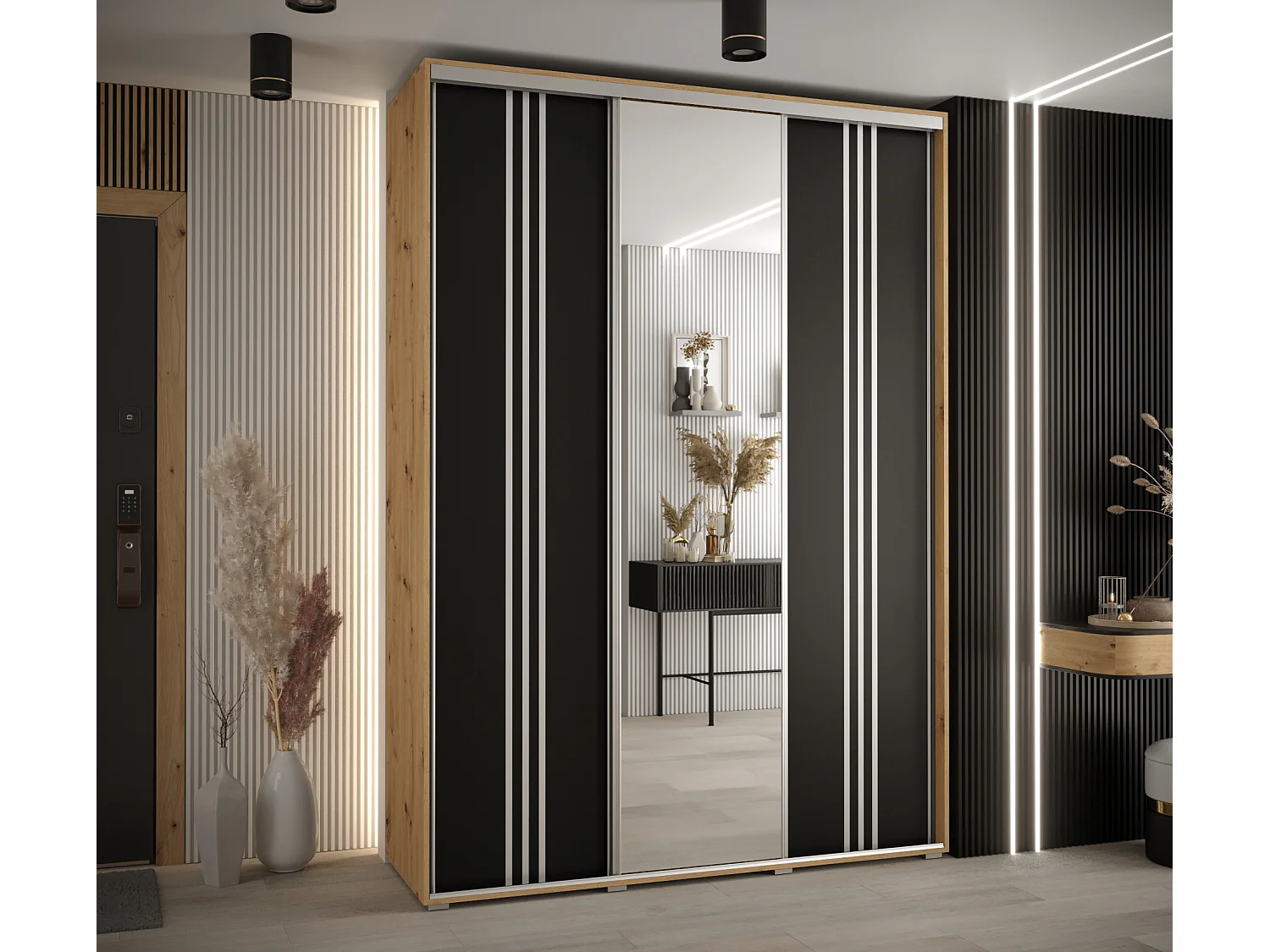 ARMOIRE DAVOS 7 À PORTES COULISSANTES 235,2/170/45 3 portes (Artisan/Noir/Argent)