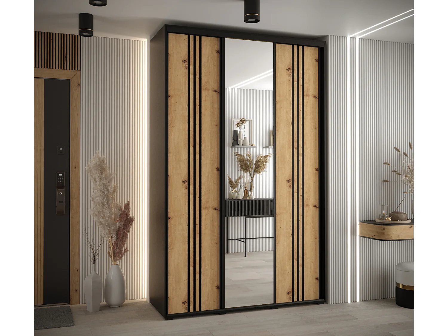 ARMOIRE DAVOS 7 À PORTES COULISSANTES 235,2/160/60 3 portes (Noir/Artisan/Noir)