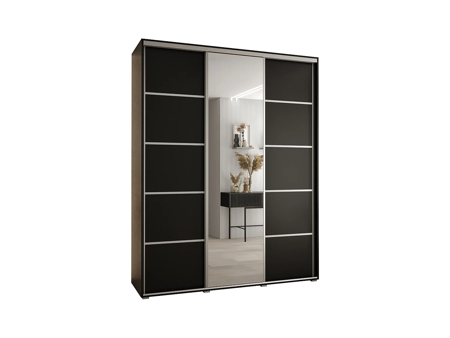 ARMOIRE DAVOS 5 À PORTES COULISSANTES 235,2/200/60 3 portes (Noir/Noir/Argent)