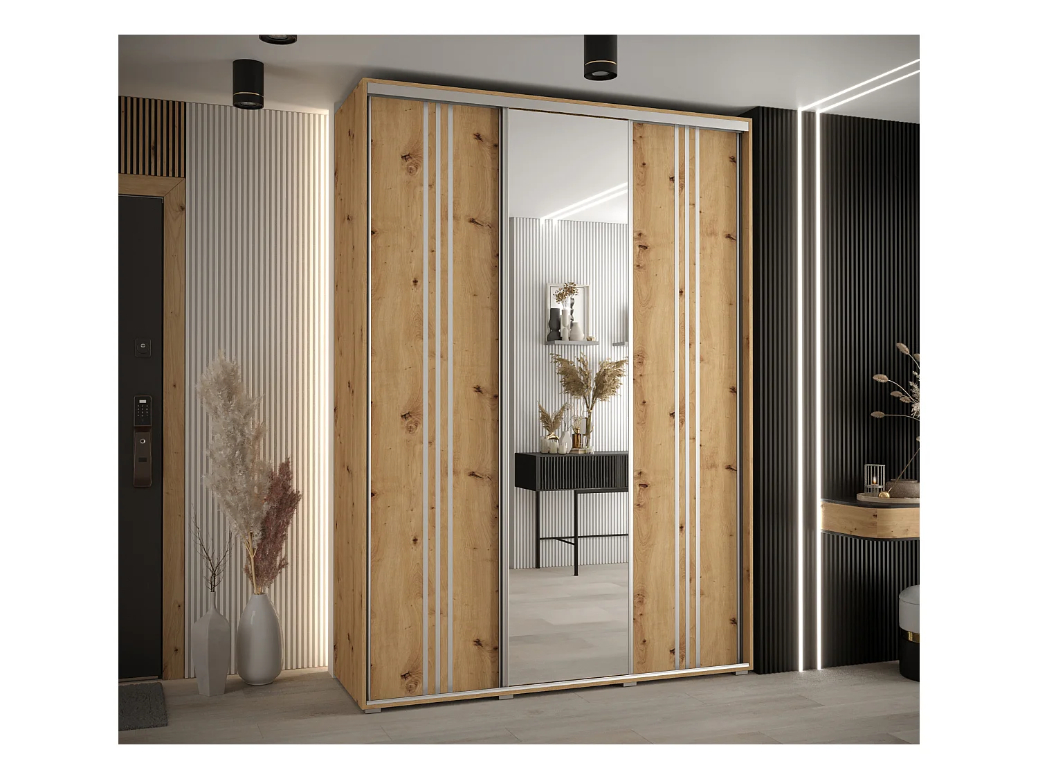 ARMOIRE DAVOS 7 À PORTES COULISSANTES 235,2/170/45 3 portes (Artisan/Artisan/Argent)