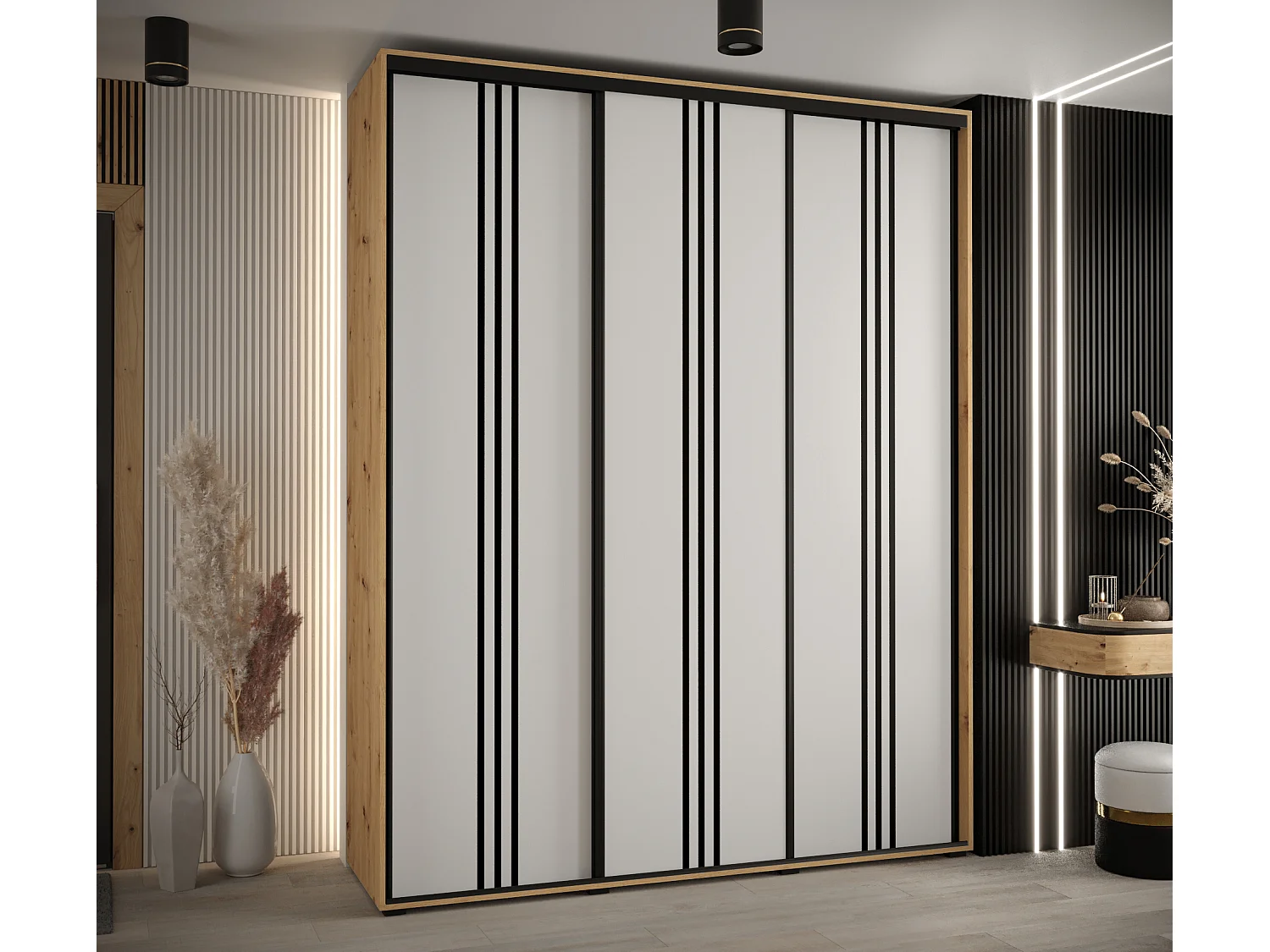 ARMOIRE DAVOS 6 À PORTES COULISSANTES 235,2/200/45 3 portes (Artisan/Blanc/Noir)