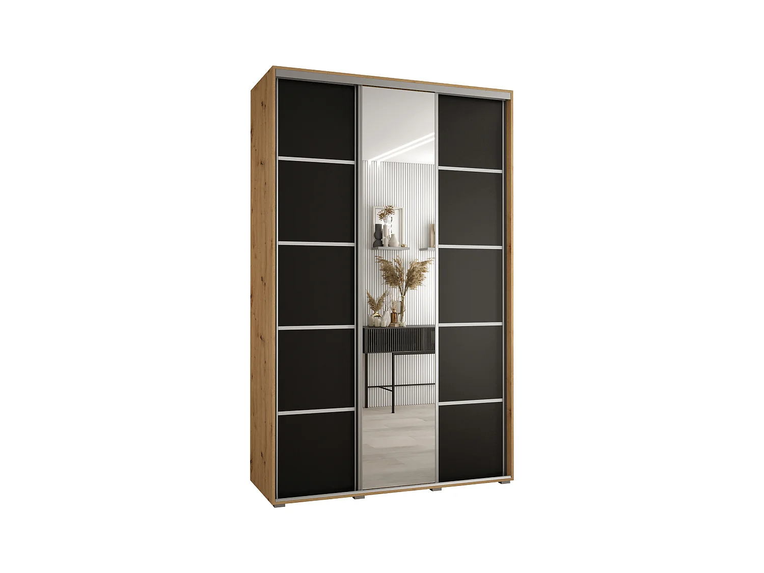 ARMOIRE DAVOS 5 À PORTES COULISSANTES 235,2/160/60 3 portes (Artisan/Noir/Argent)