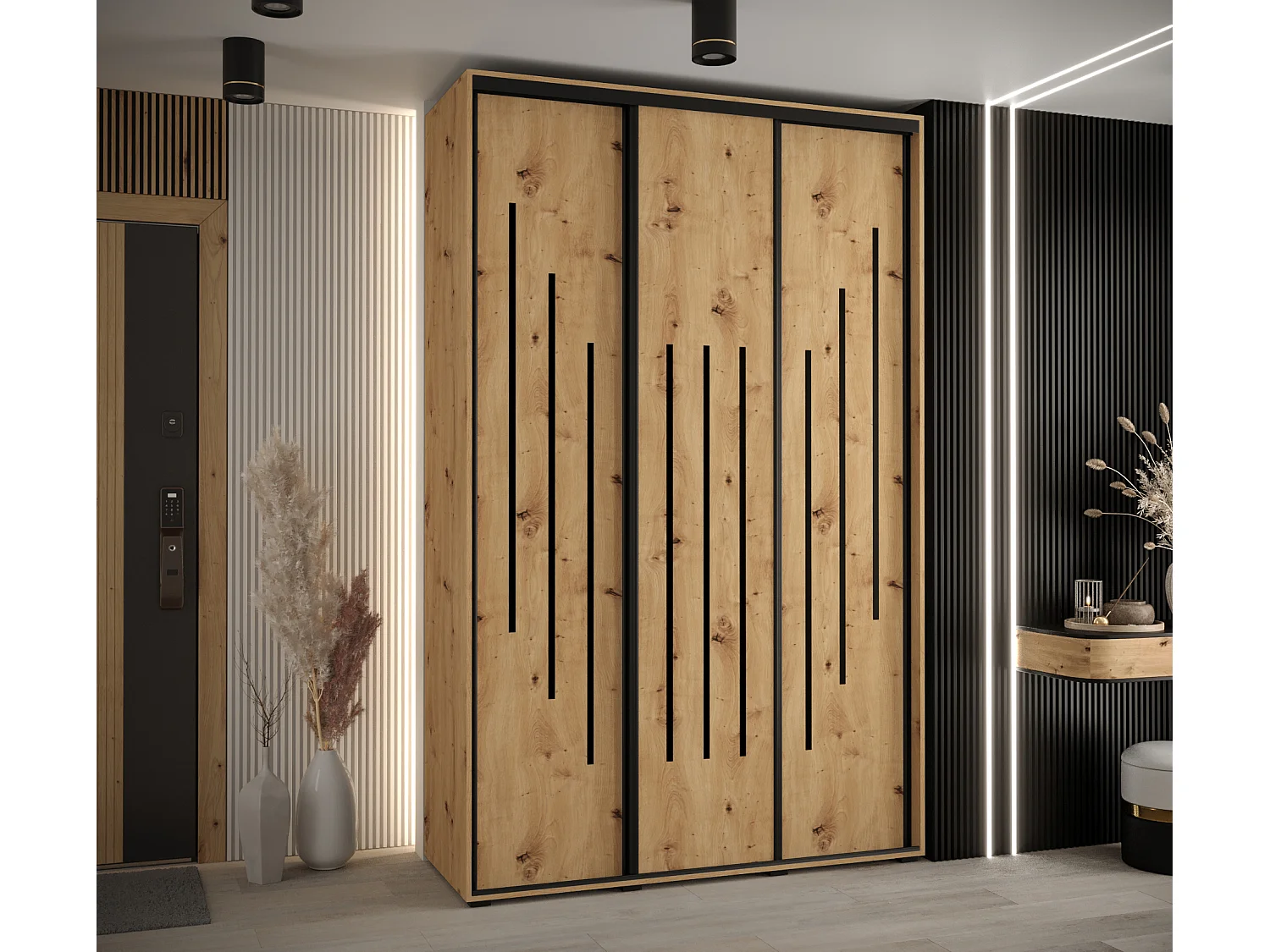 ARMOIRE DAVOS 8 À PORTES COULISSANTES 235,2/160/60 3 portes (Artisan/Artisan/Noir)