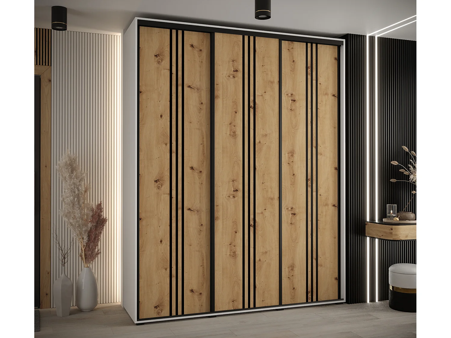 ARMOIRE DAVOS 6 À PORTES COULISSANTES 235,2/190/60 3 portes (Blanc/Artisan/Noir)