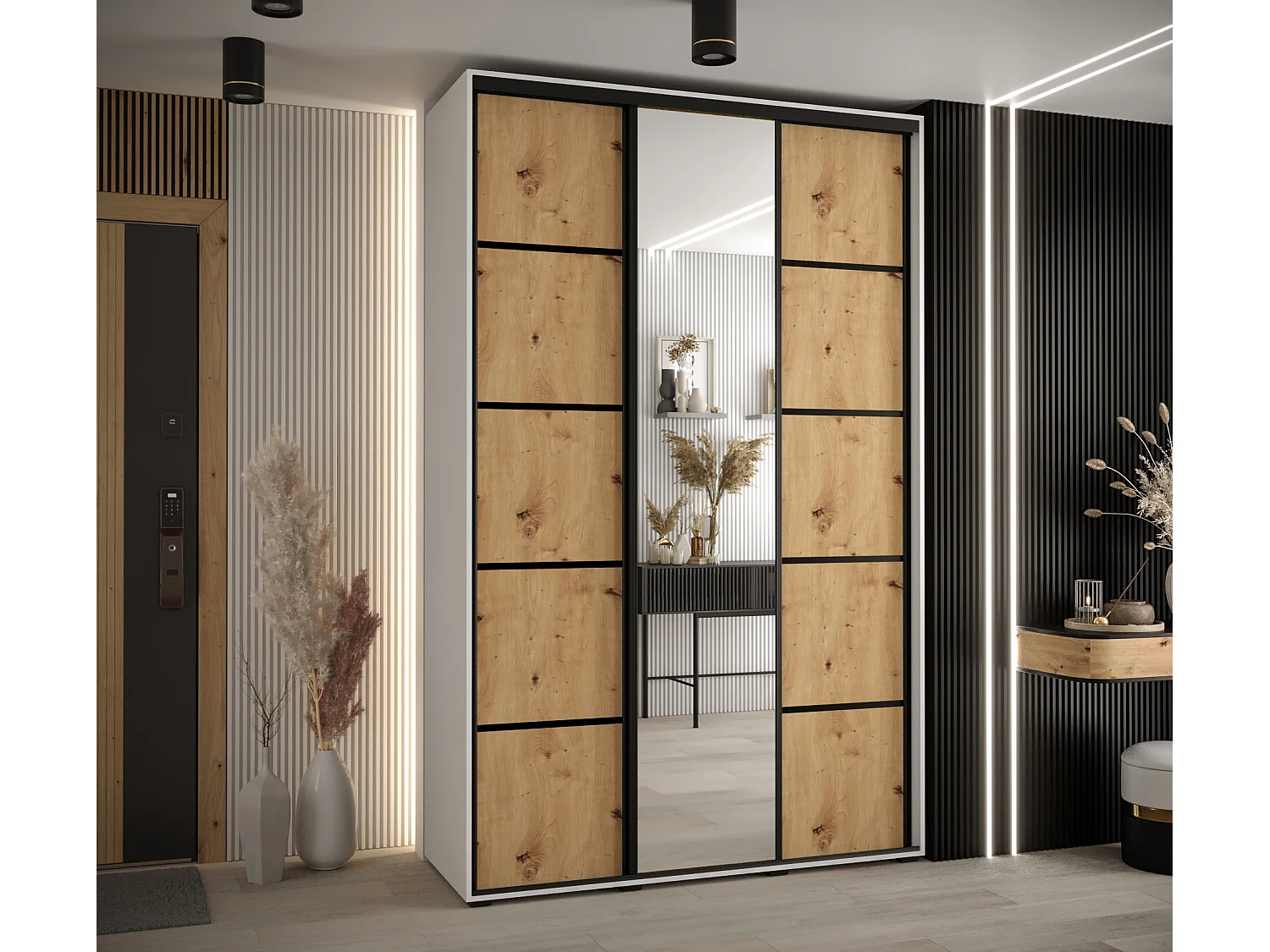 ARMOIRE DAVOS 5 À PORTES COULISSANTES 235,2/160/60 3 portes (Blanc/Artisan/Noir)