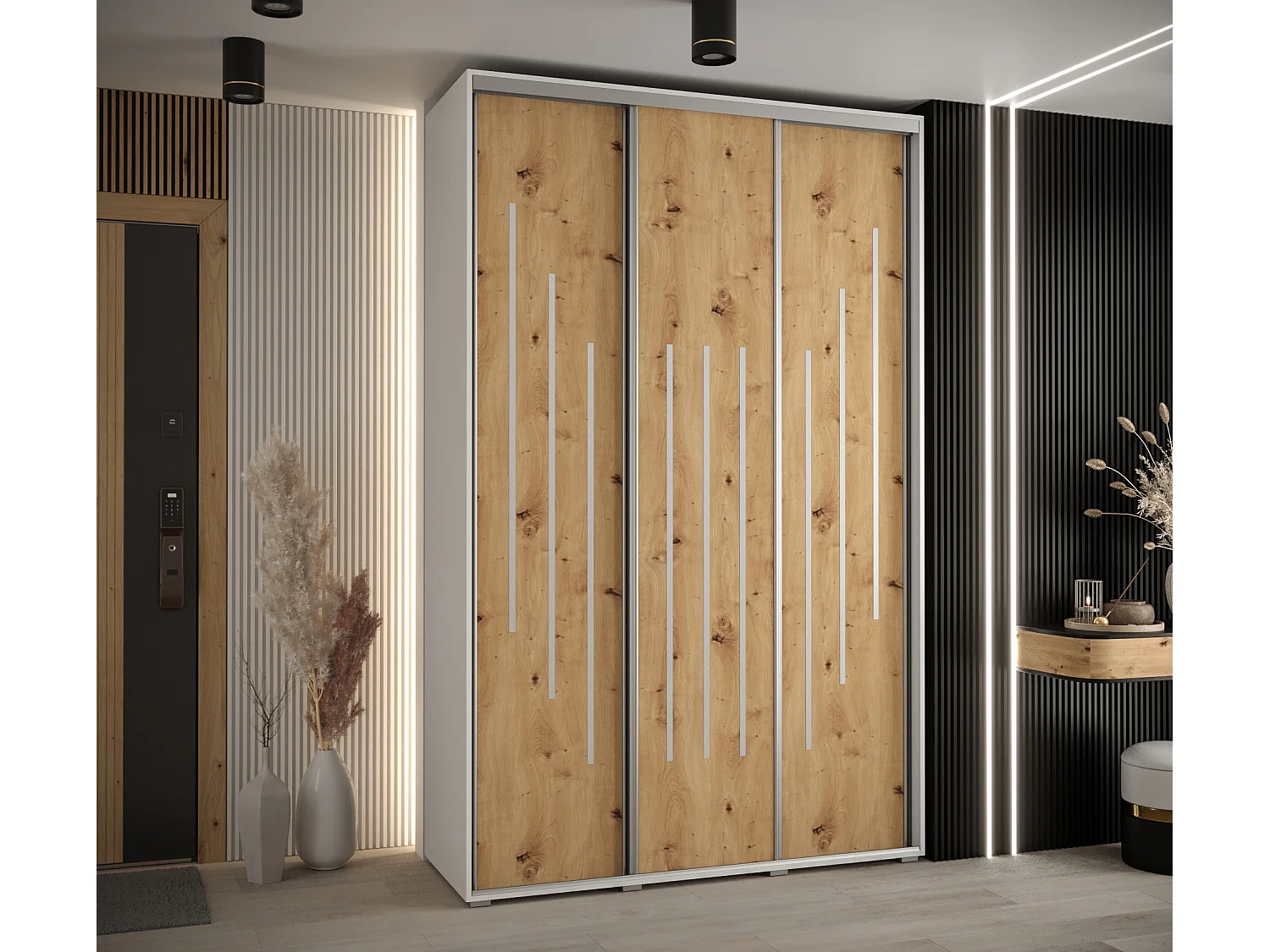 ARMADIO DAVOS 8 AD ANTE SCORREVOLI 235,2/160/60 3 porte (Bianco/Artisan/Argento)