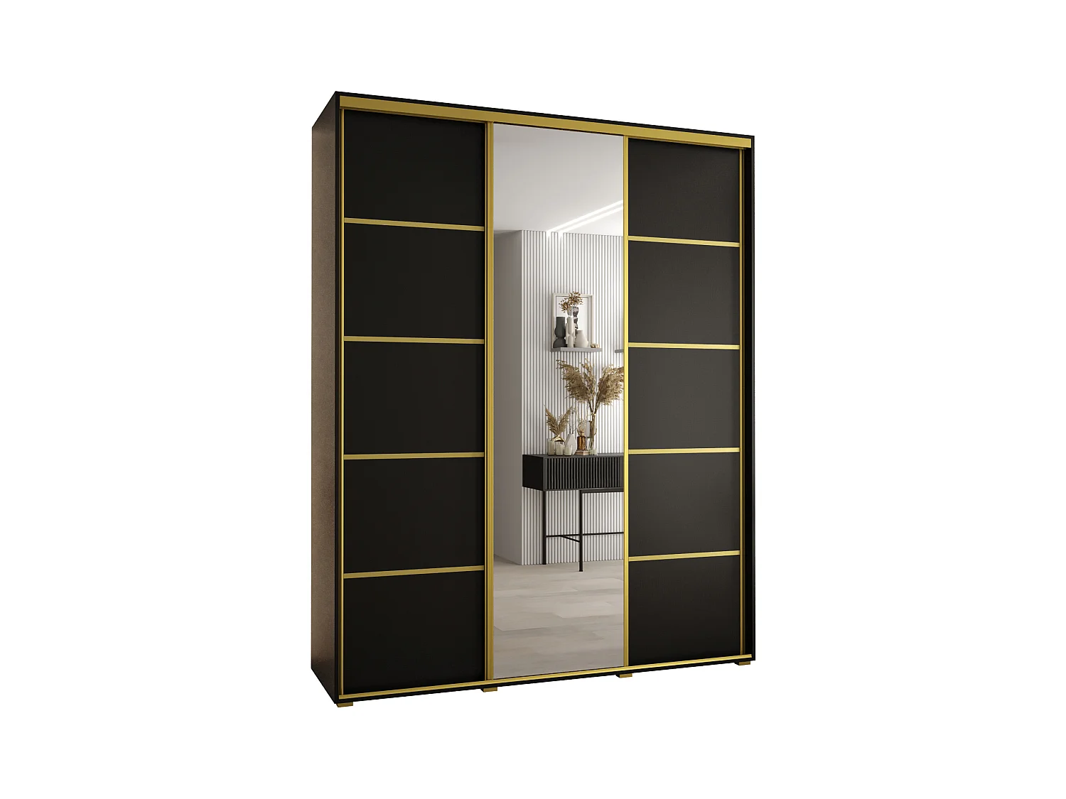 ARMOIRE DAVOS 5 À PORTES COULISSANTES 235,2/200/60 3 portes (Noir/Noir/Or)
