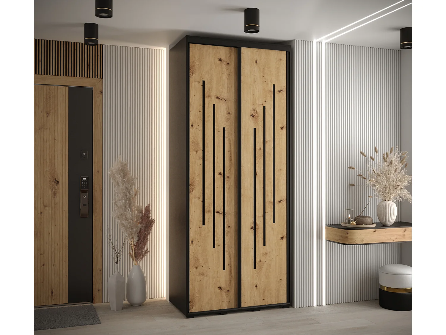 ARMOIRE DAVOS 8 À PORTES COULISSANTES 235,2/110/60 2 portes (Noir/Artisan/Noir)