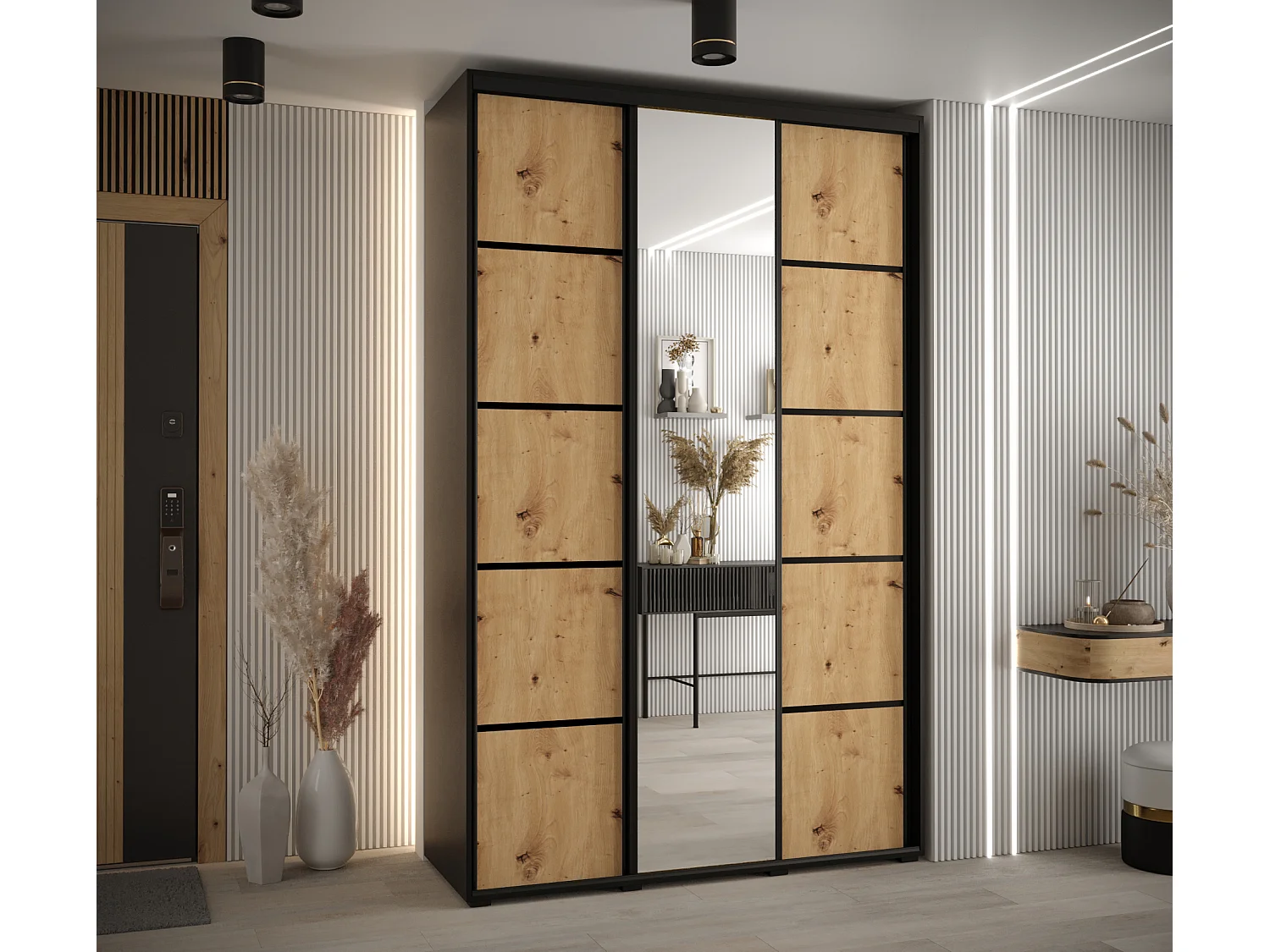 ARMADIO DAVOS 5 AD ANTE SCORREVOLI 235,2/160/60 3 porte (Nero/Artisan/Nero)