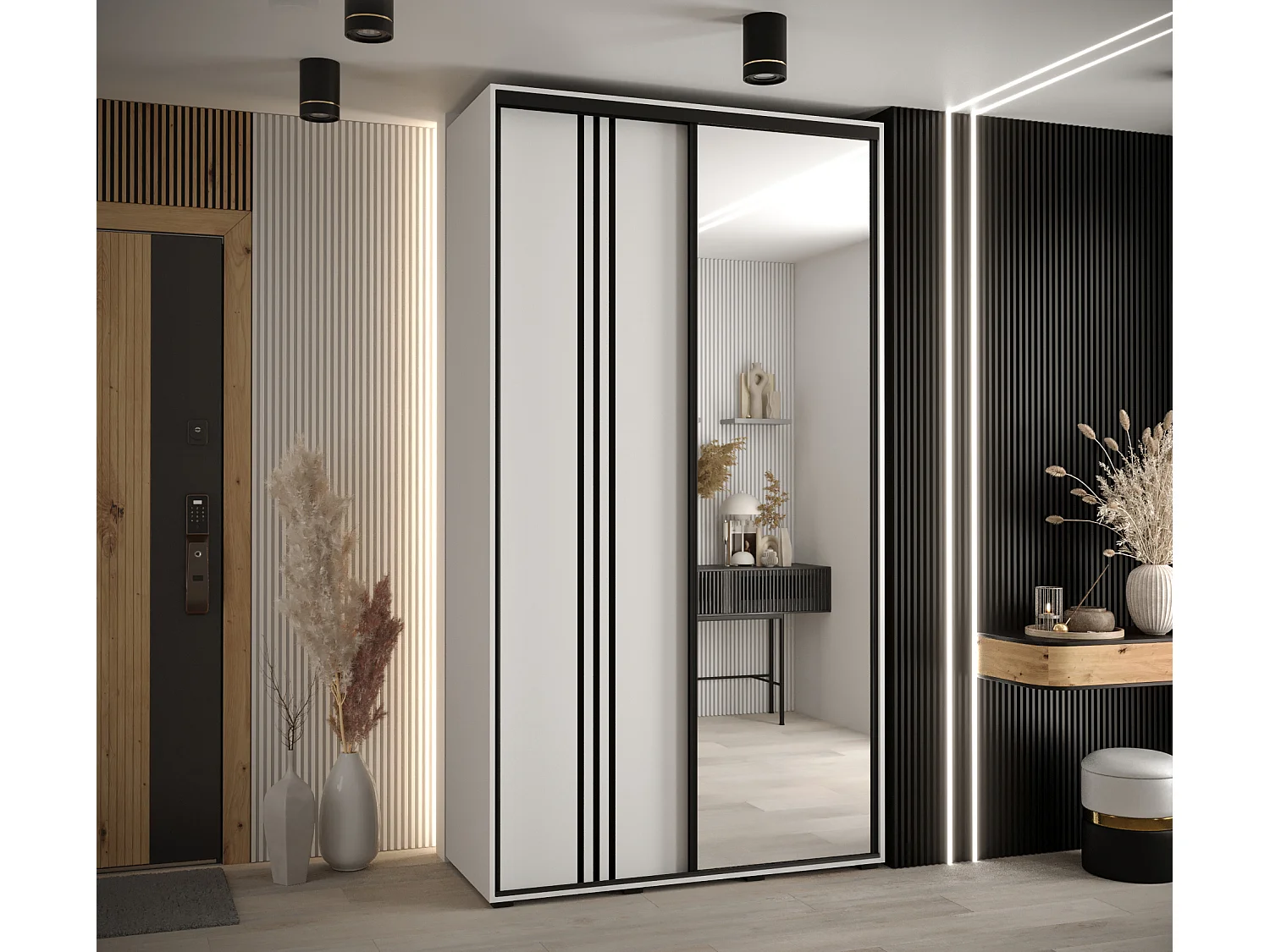 ARMOIRE DAVOS 7 À PORTES COULISSANTES 235,2/130/45 2 portes (Blanc/Blanc/Noir)