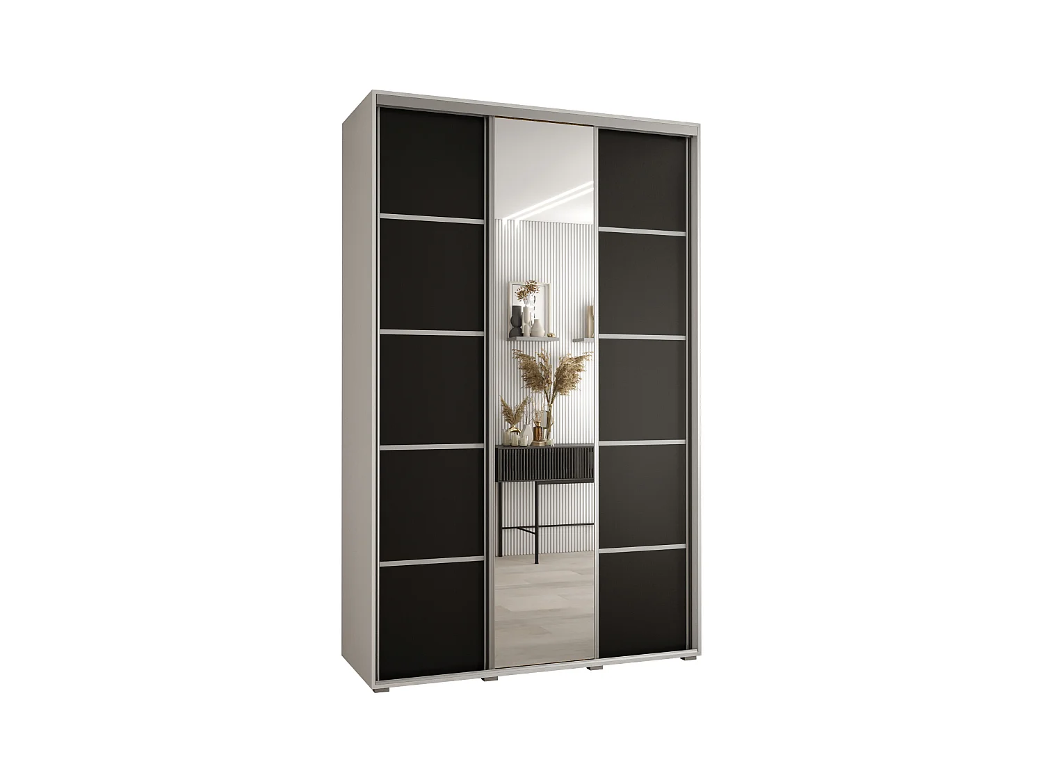 ARMOIRE DAVOS 5 À PORTES COULISSANTES 235,2/150/60 3 portes (Blanc/Noir/Argent)