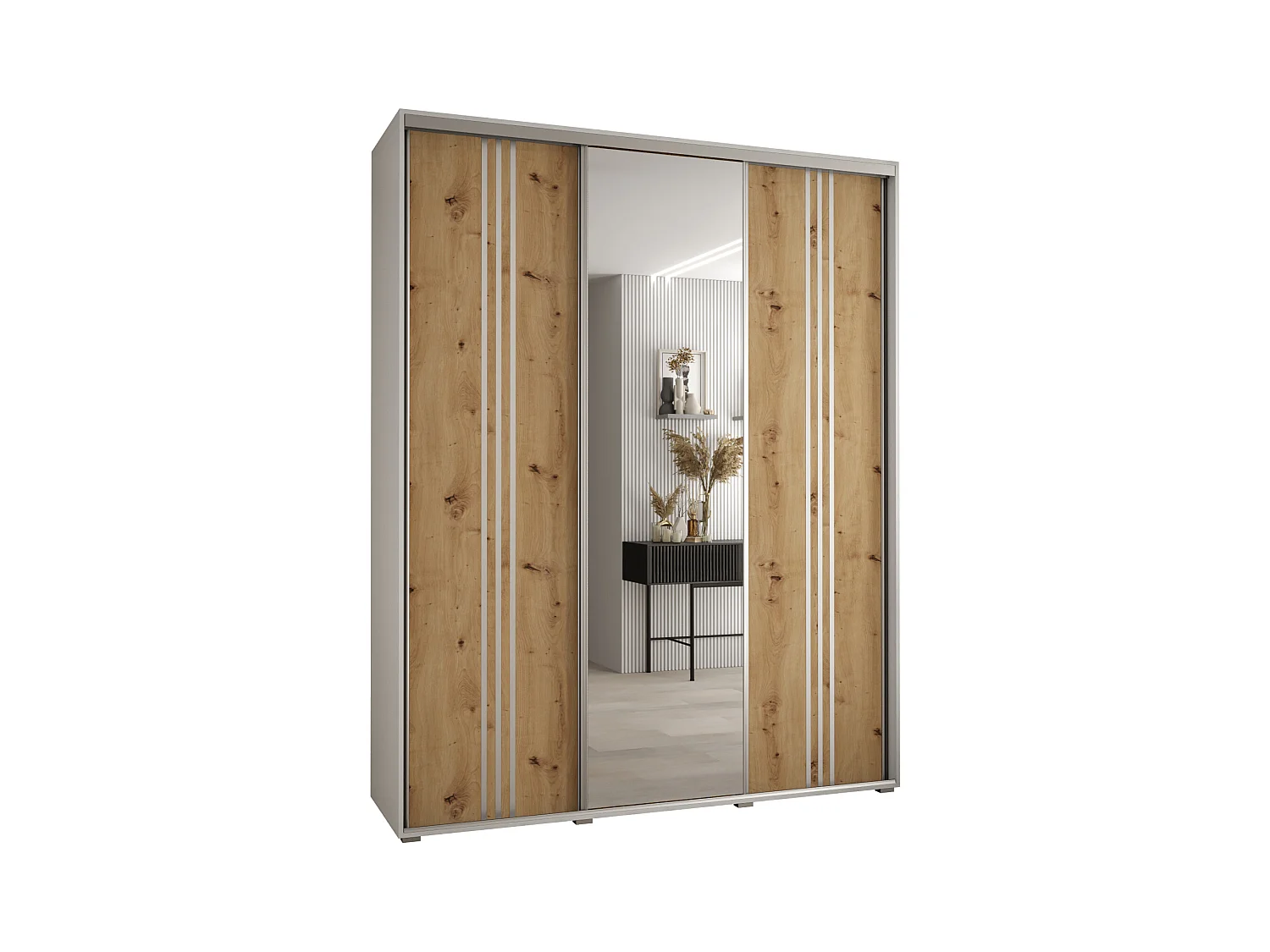 ARMOIRE DAVOS 7 À PORTES COULISSANTES 235,2/200/60 3 portes (Blanc/Artisan/Argent)