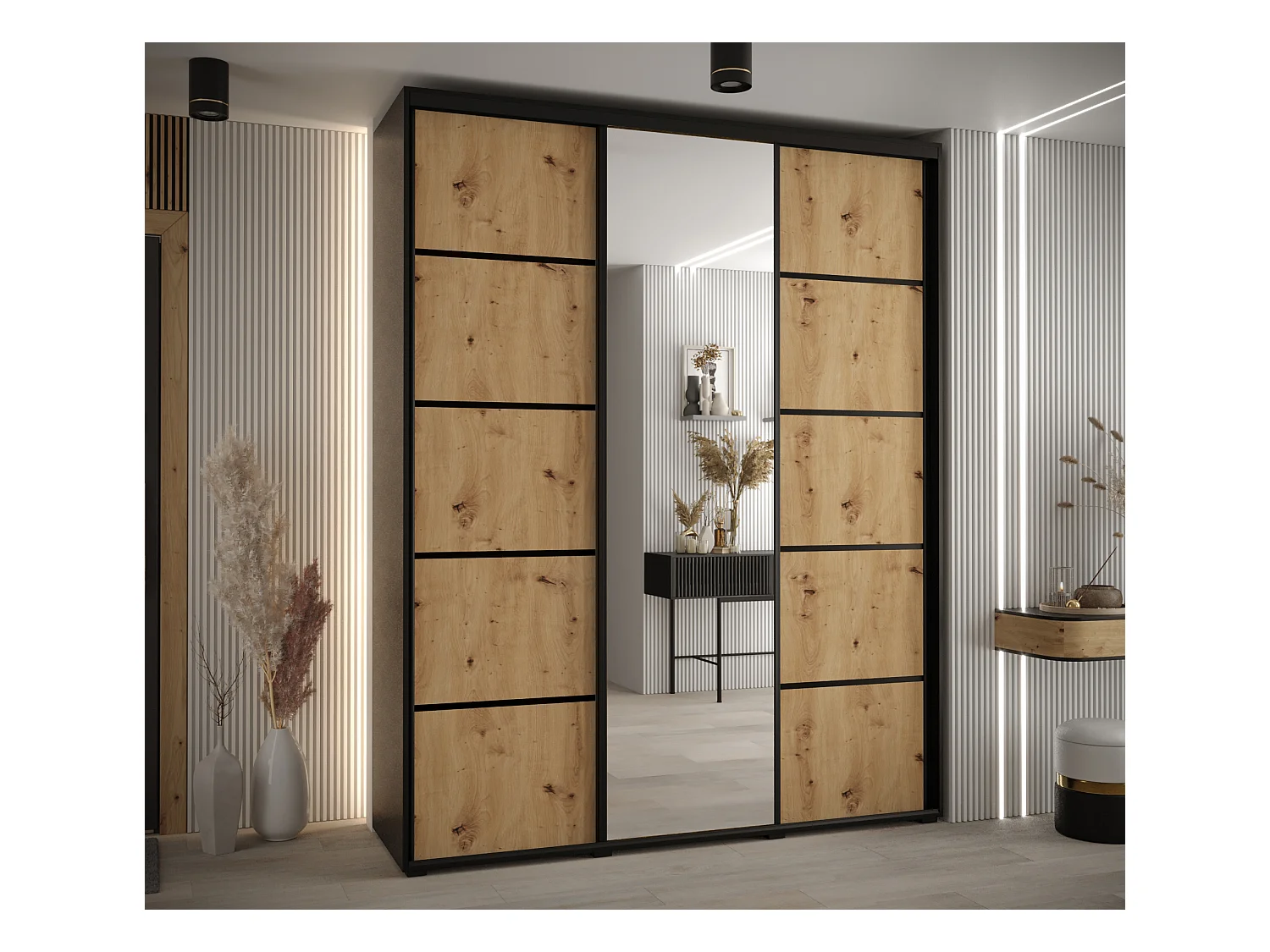ARMOIRE DAVOS 5 À PORTES COULISSANTES 235,2/170/60 3 portes (Noir/Artisan/Noir)