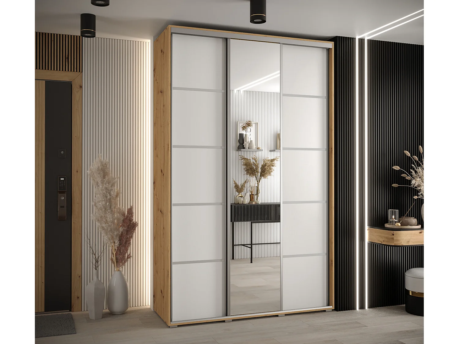 ARMOIRE DAVOS 5 À PORTES COULISSANTES 235,2/160/60 3 portes (Artisan/Blanc/Argent)