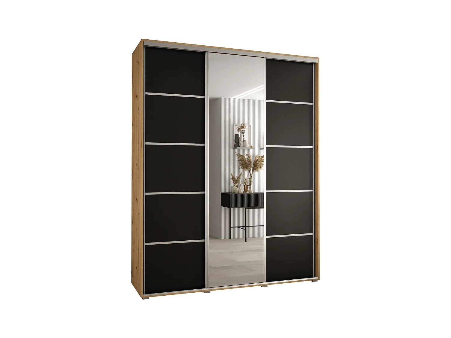 ARMOIRE DAVOS 5 À PORTES COULISSANTES 235,2/200/60 3 portes (Artisan/Noir/Argent)