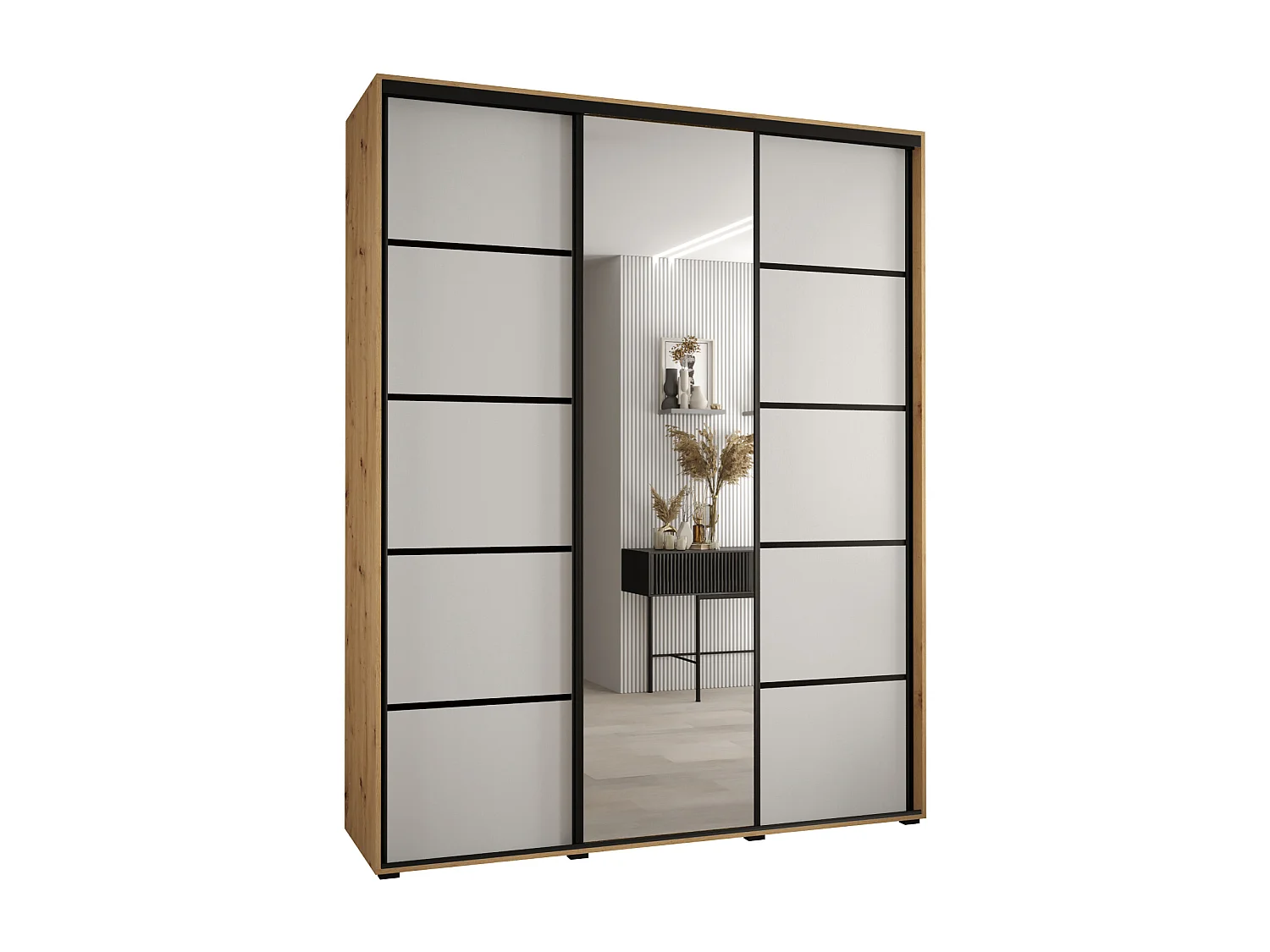 ARMOIRE DAVOS 5 À PORTES COULISSANTES 235,2/190/60 3 portes (Artisan/Blanc/Noir)