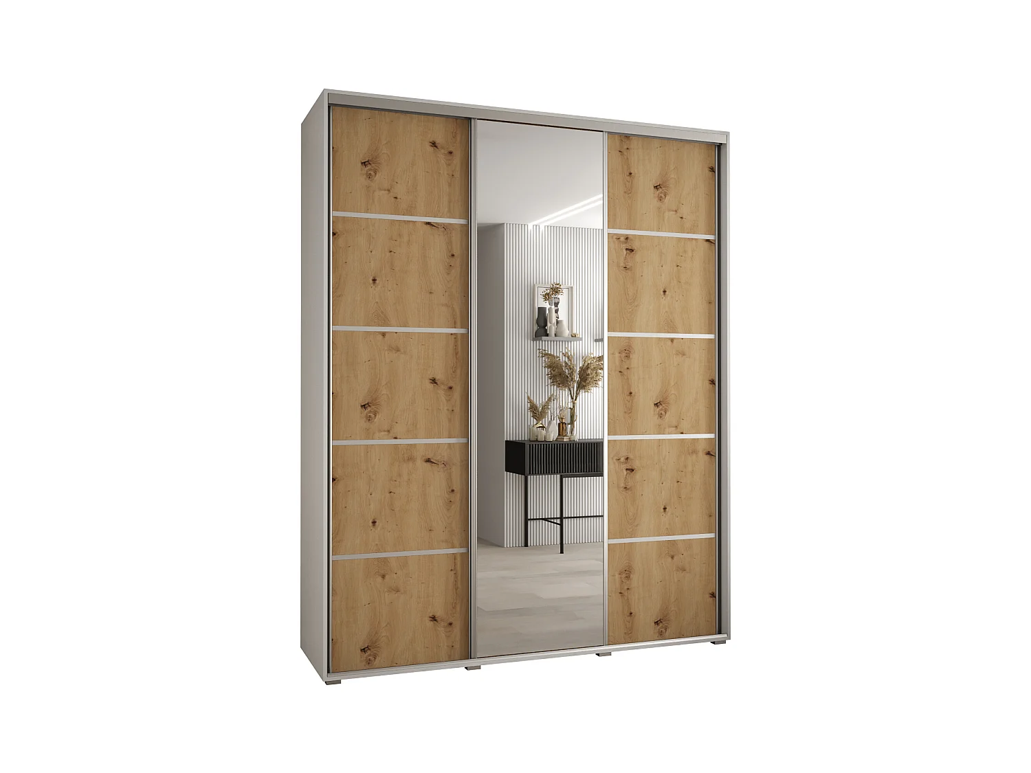 ARMOIRE DAVOS 5 À PORTES COULISSANTES 235,2/180/60 3 portes (Blanc/Artisan/Argent)