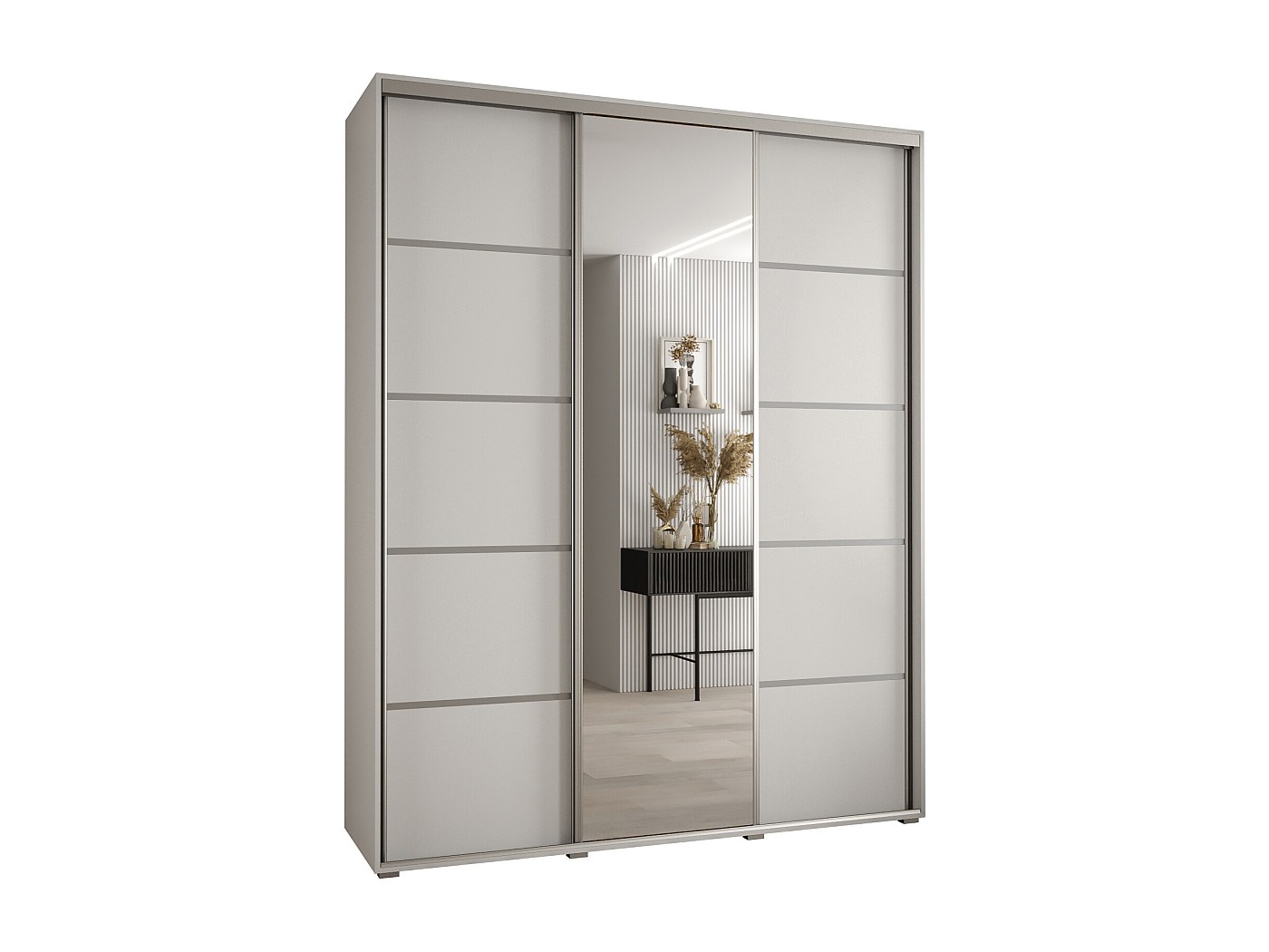 Armoire Coulissante TAURO 120x50x200cm - Blanc/Ciment - Panneau Mélaminé E1 - 5 étagères Réglables