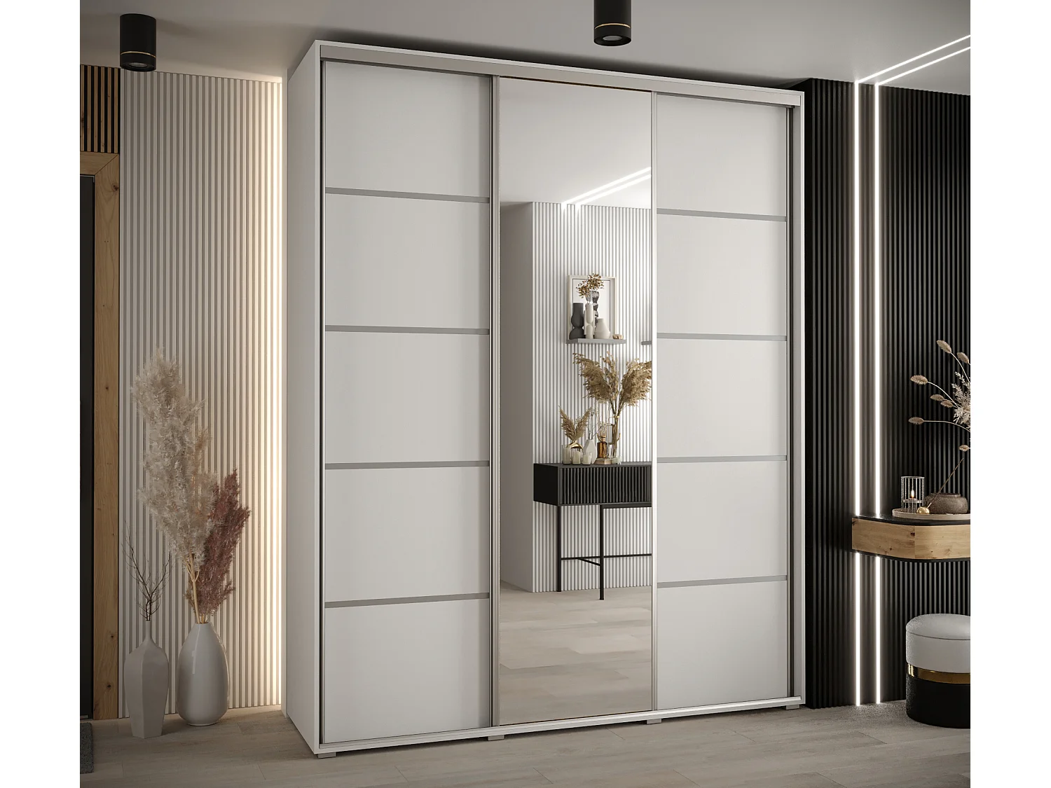 ARMOIRE DAVOS 5 À PORTES COULISSANTES 235,2/200/60 3 portes (Blanc/Blanc/Argent)