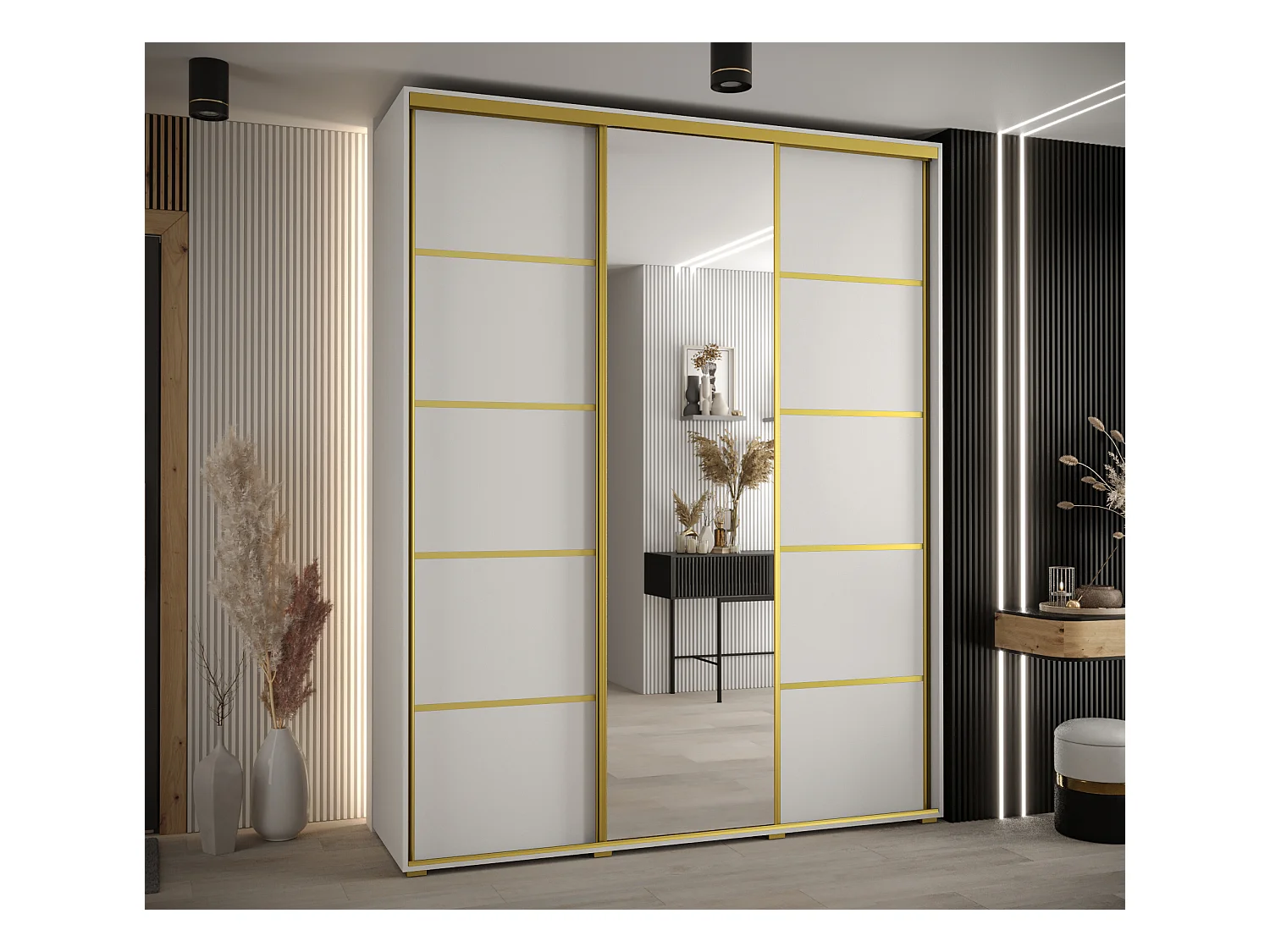 ARMADIO DAVOS 5 AD ANTE SCORREVOLI 235,2/180/45 3 porte (Bianco/Bianco/Oro)
