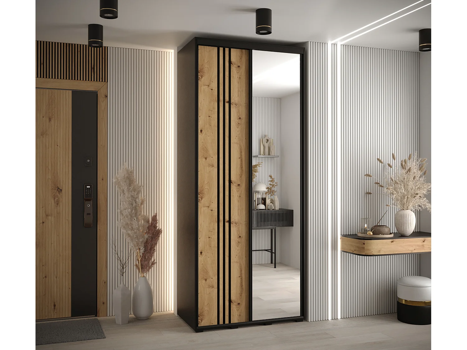 ARMOIRE DAVOS 7 À PORTES COULISSANTES 235,2/100/45 2 portes (Noir/Artisan/Noir)