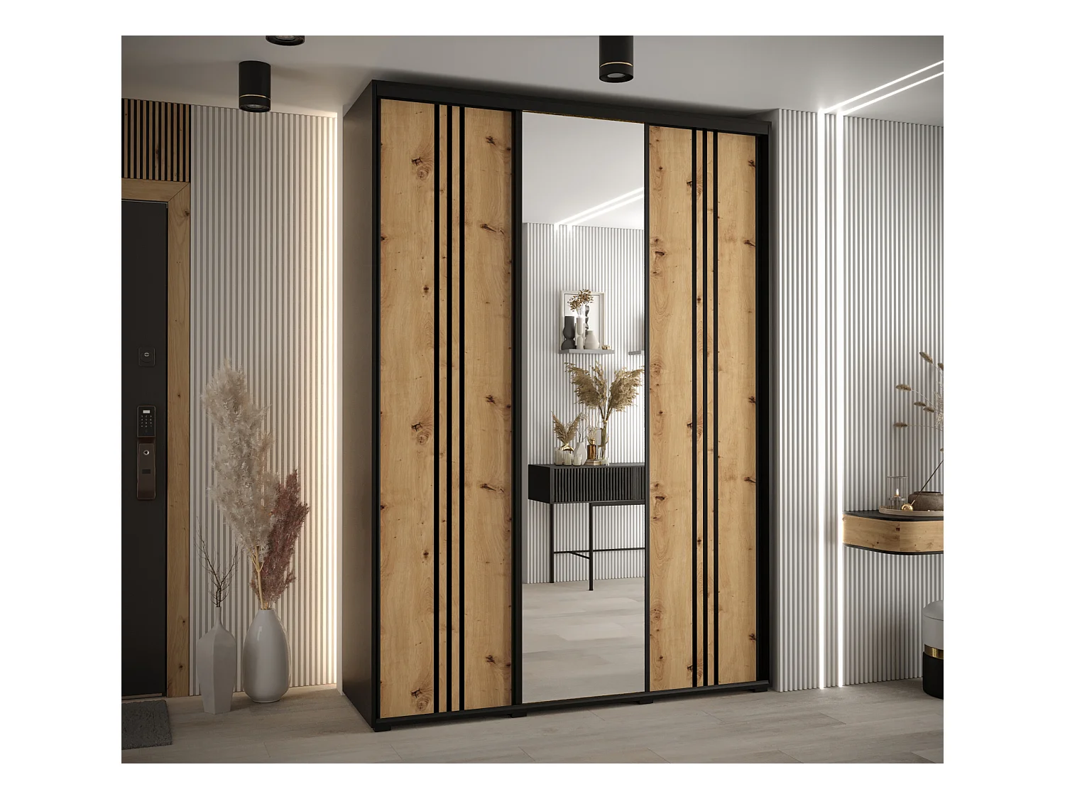SCHWEBETÜRENSCHRANK DAVOS 7 235,2/170/60 3-türig (Schwarz/Artisan/Schwarz)