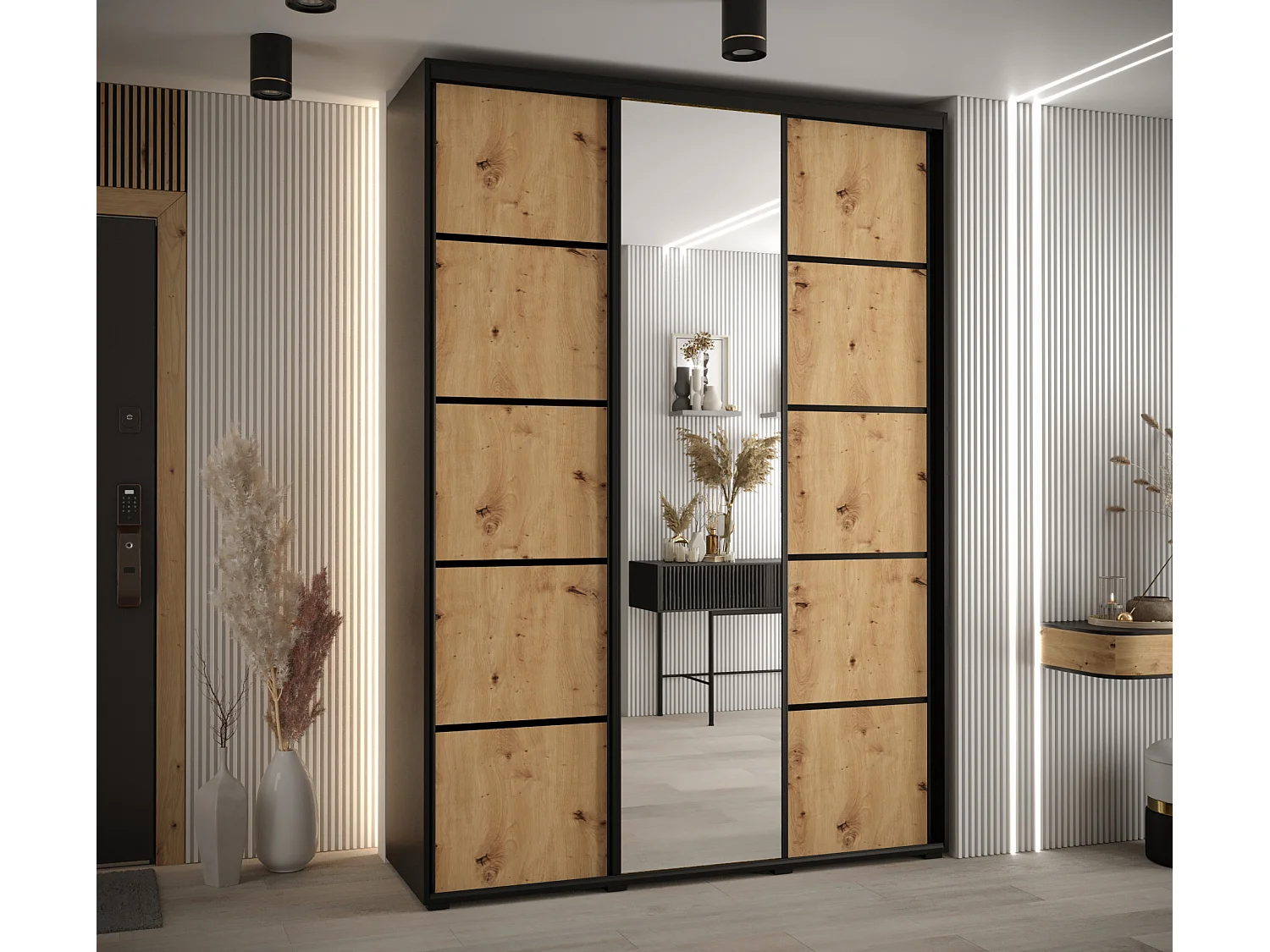 ARMOIRE DAVOS 5 À PORTES COULISSANTES 235,2/180/45 3 portes (Noir/Artisan/Noir)