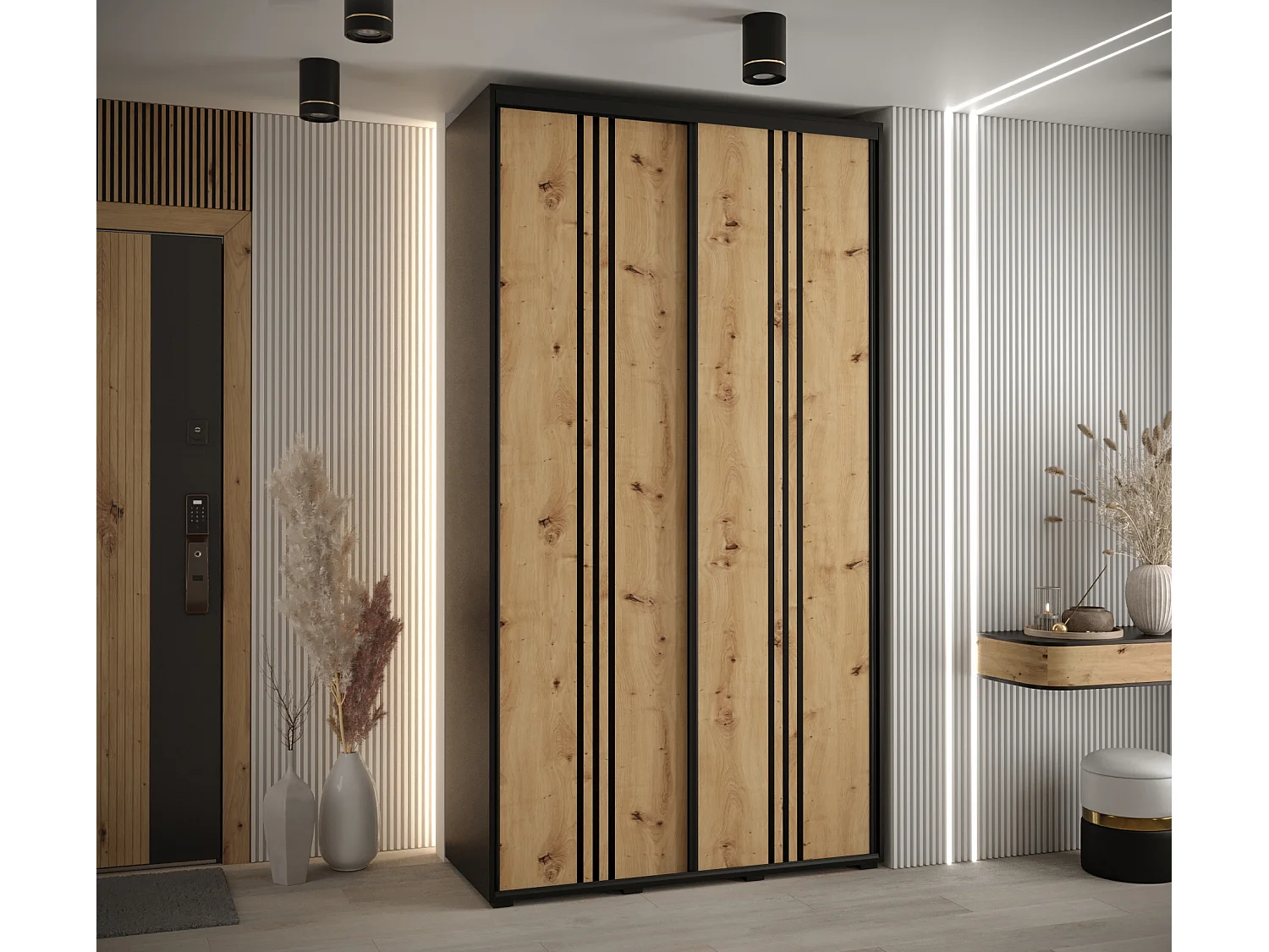 ARMOIRE DAVOS 6 À PORTES COULISSANTES 235,2/140/60 2 portes (Noir/Artisan/Noir)